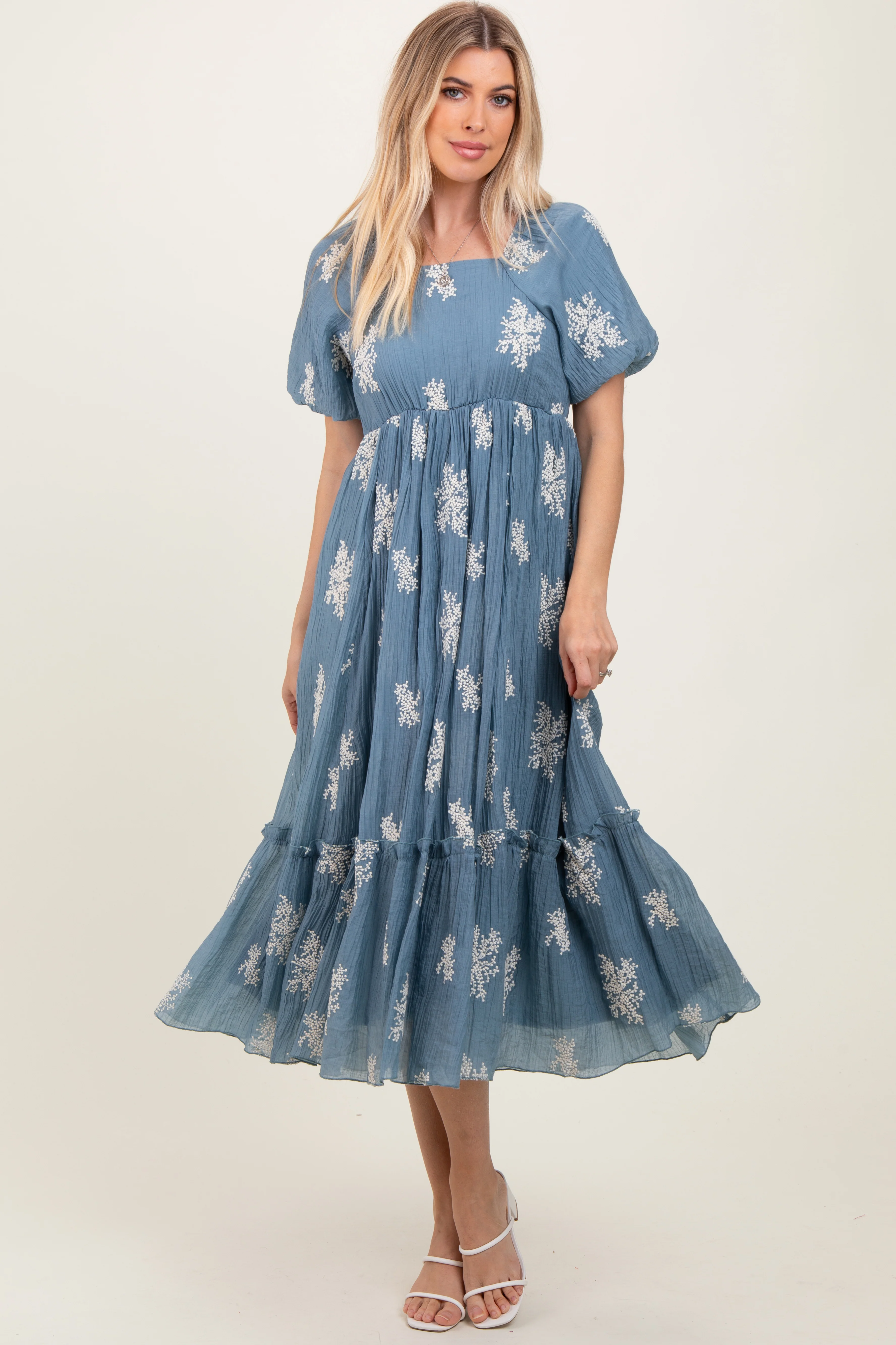 Blue Floral Print Ruffle Hem Maternity Midi Dress - Image 6