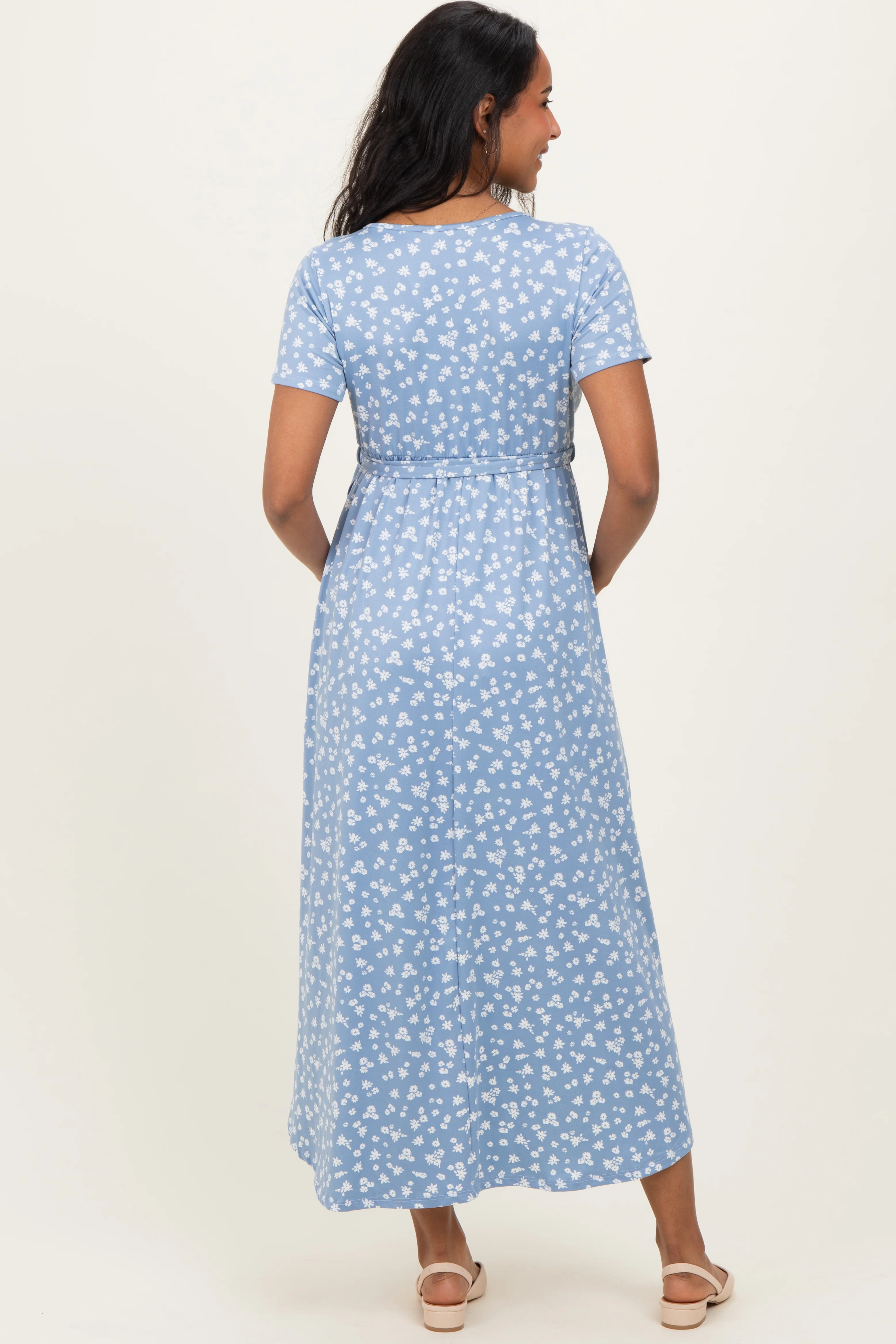 Blue Floral Print Short Sleeve Hi-Low Maternity Wrap Dress - Image 4