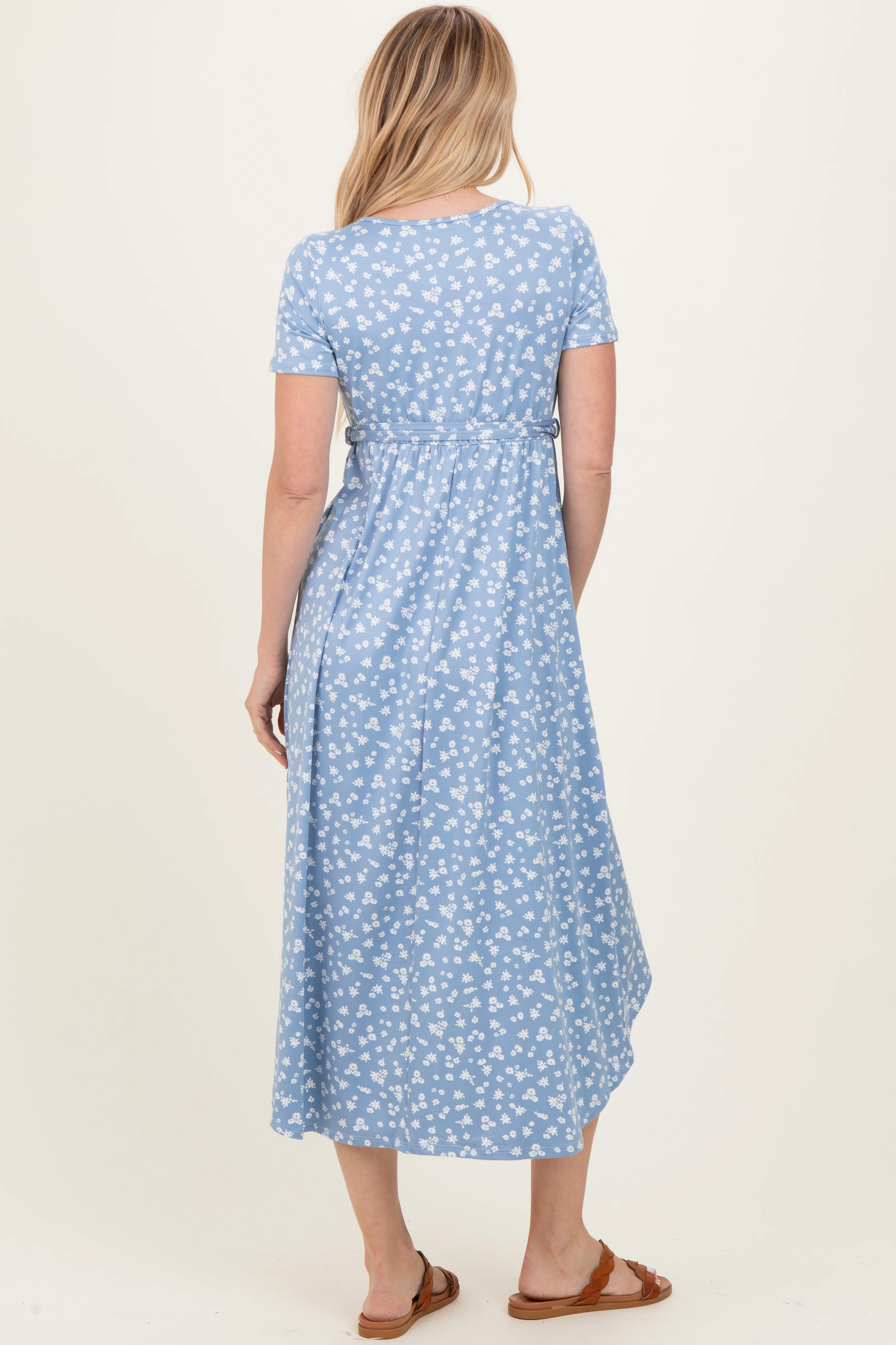 Blue Floral Print Short Sleeve Hi-Low Wrap Dress - Image 4