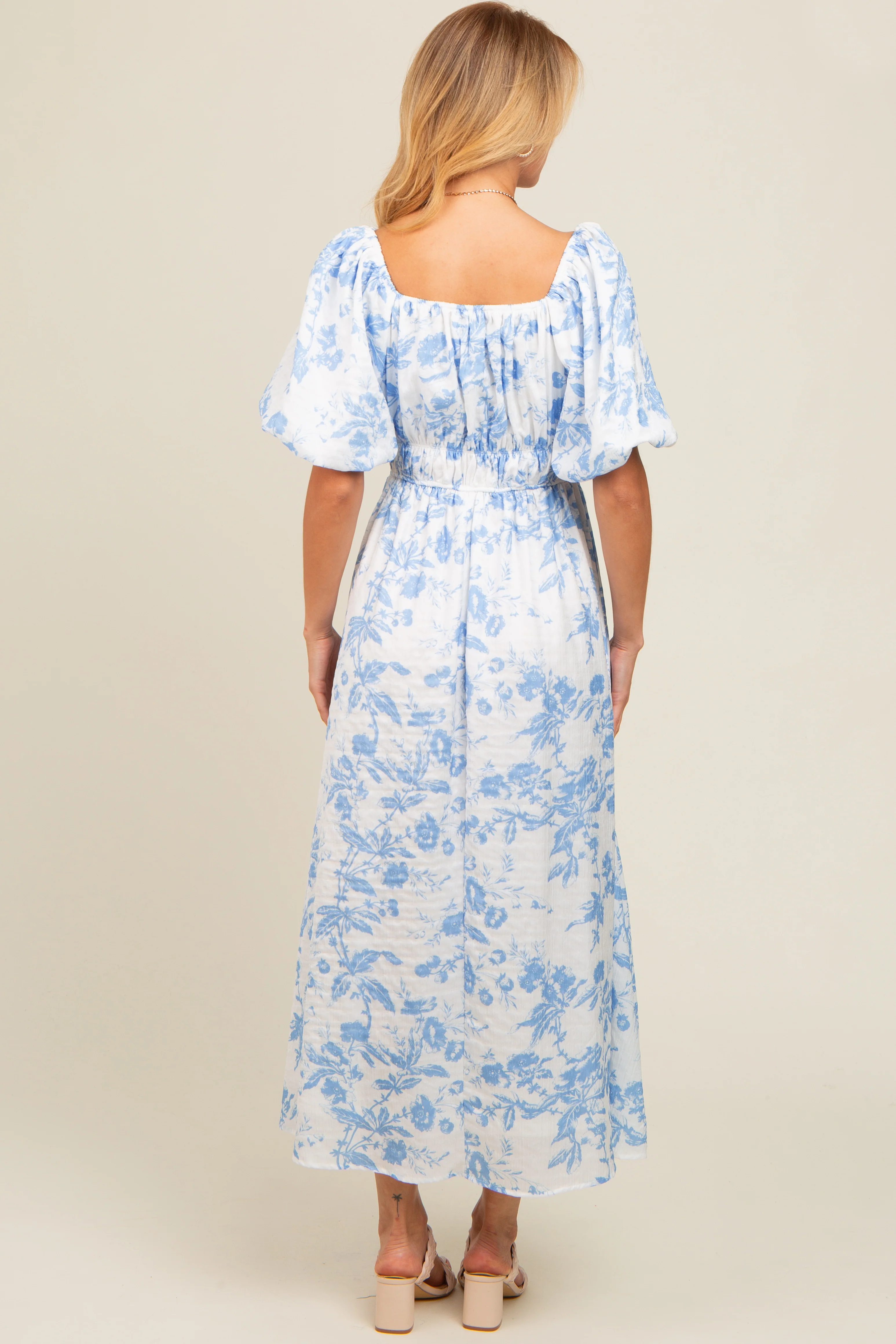 Blue Floral Puff Sleeve Midi Dress - Image 7