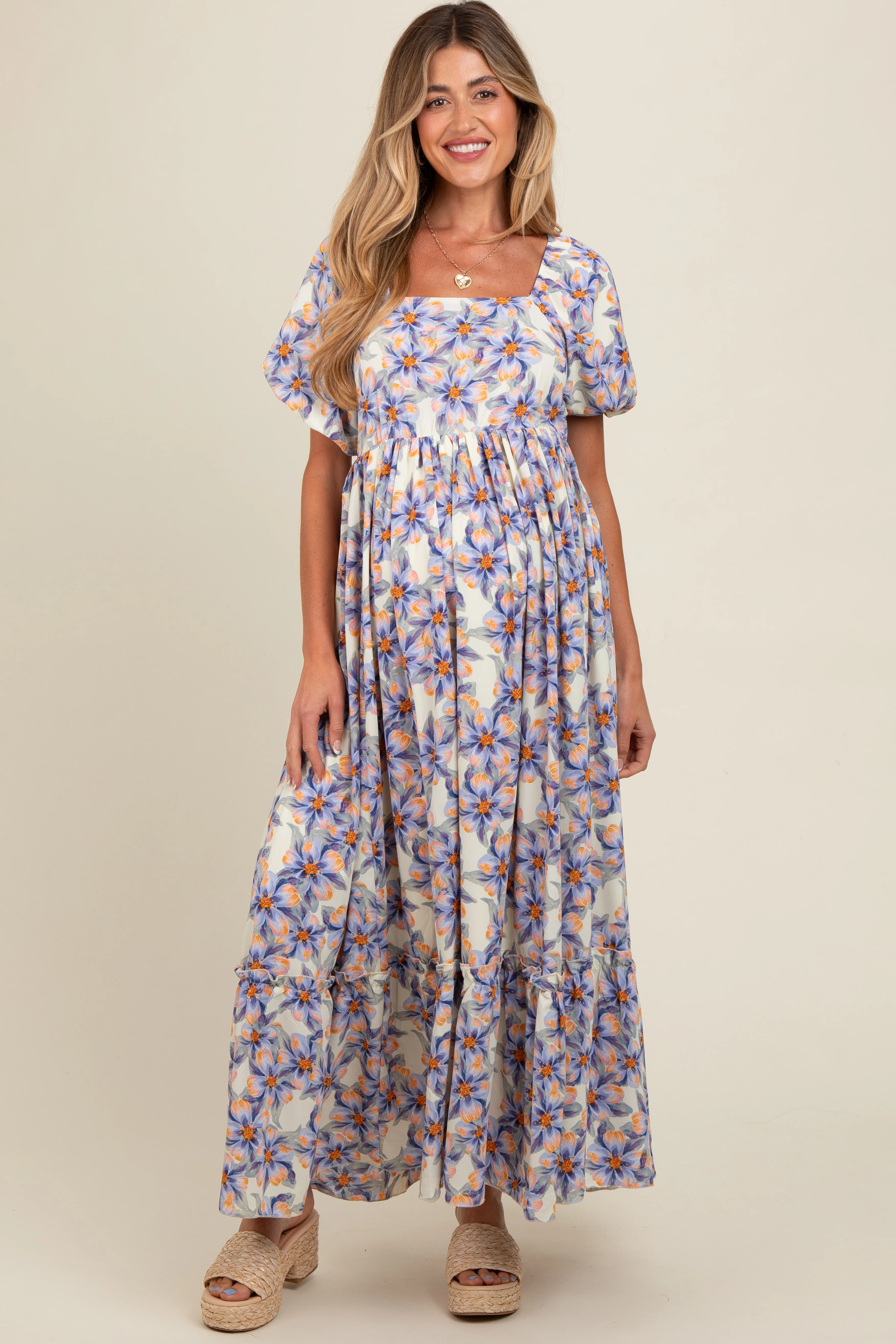 Blue Floral Ruffle Accent Maternity Maxi Dress - Image 2