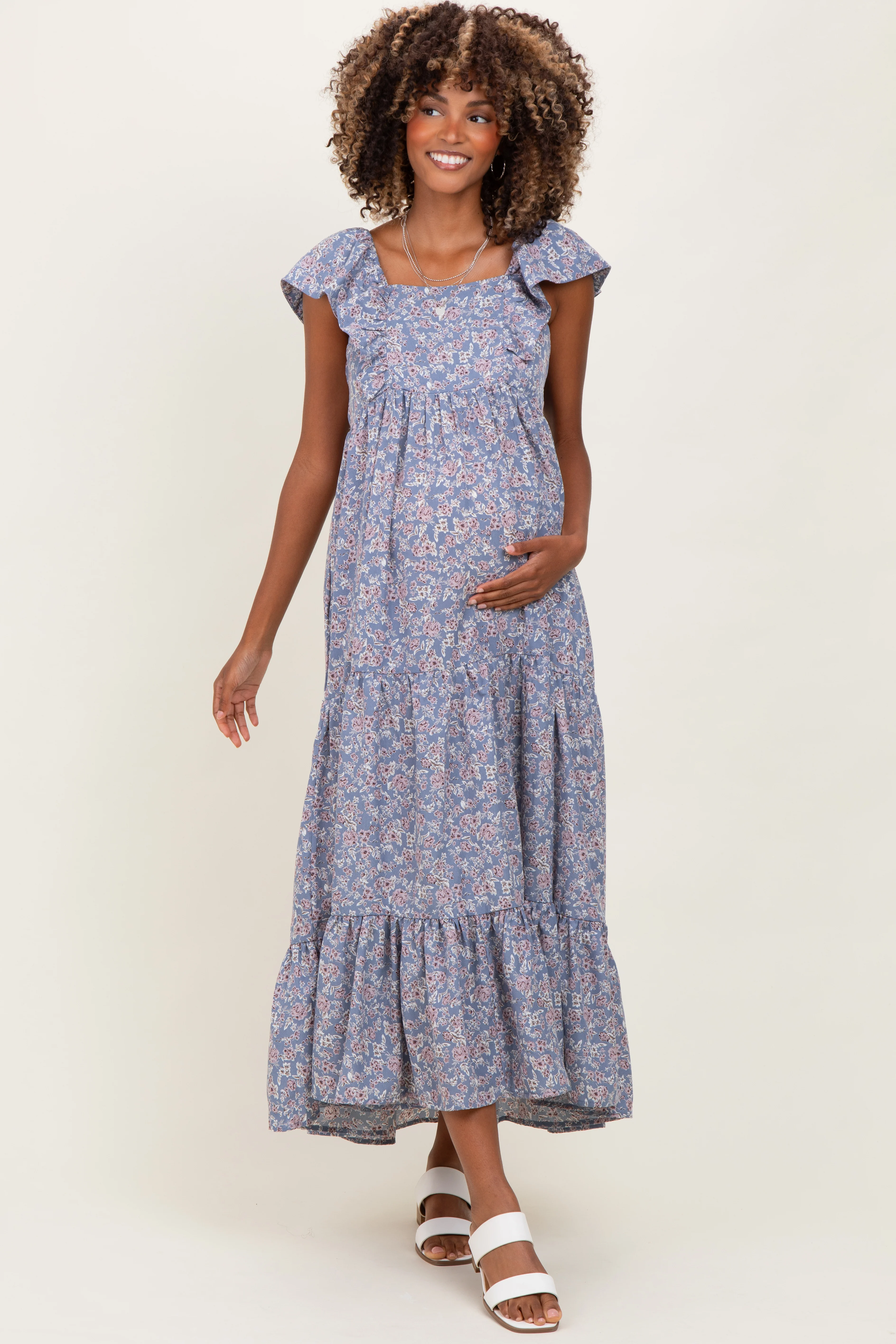 Blue Floral Ruffle Sleeve Maternity Maxi Dress - Image 3