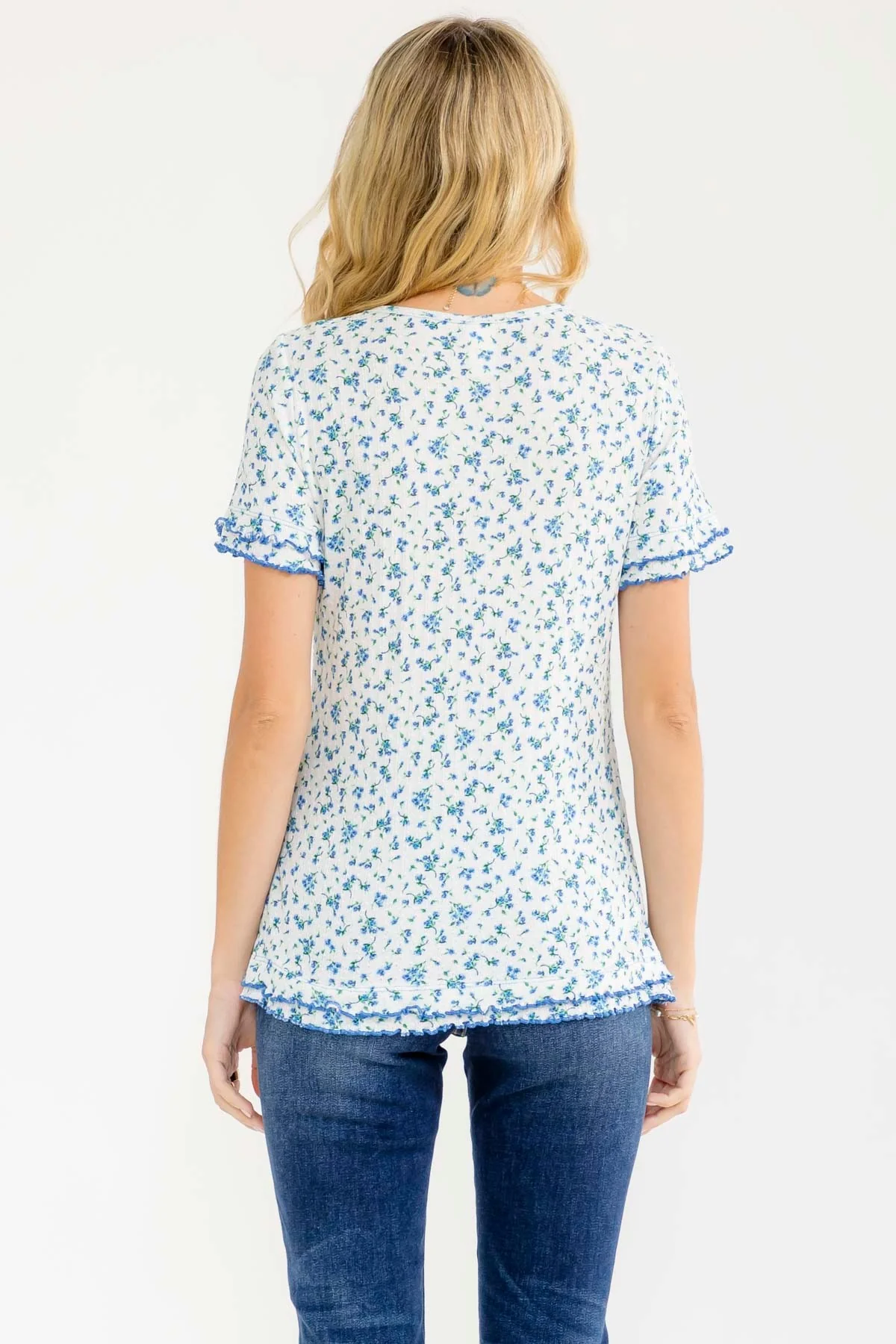 Blue Floral Ruffle Trim Henley Short Sleeve Top - Image 3