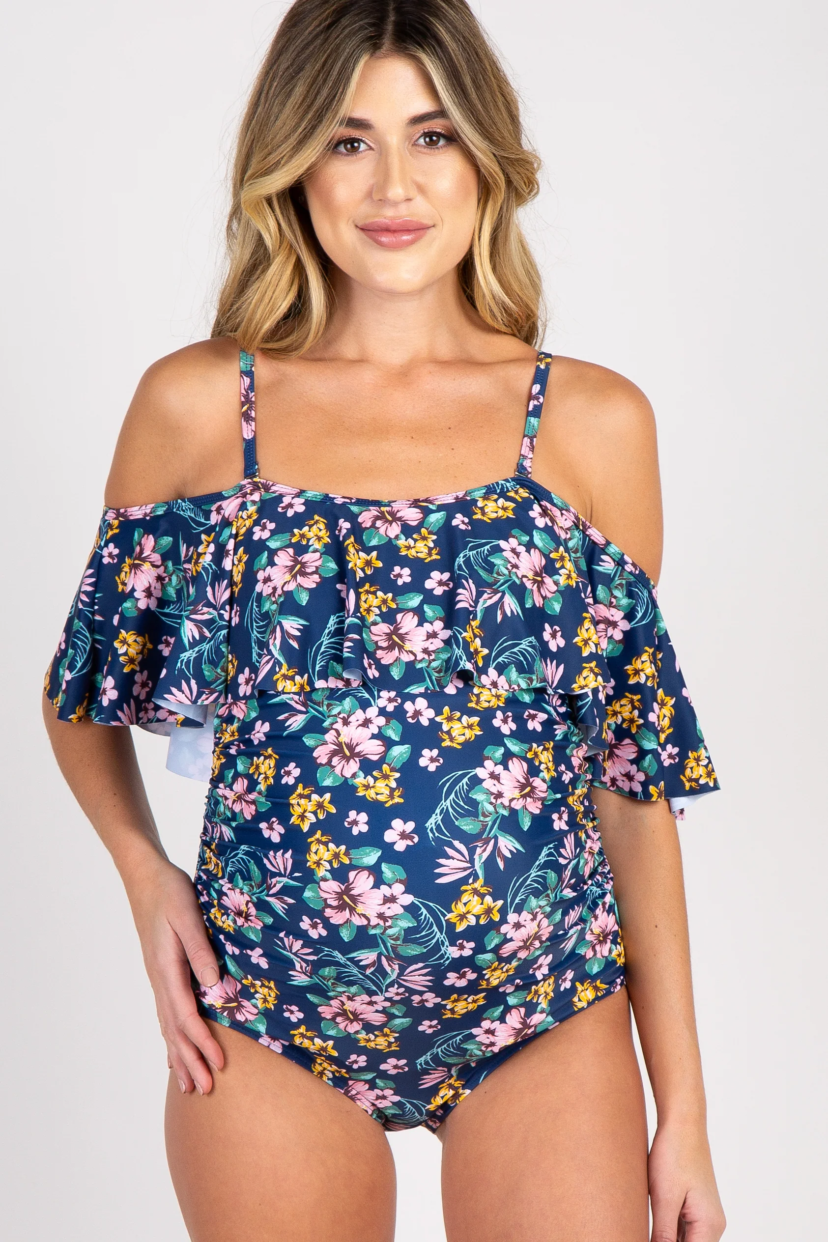 Blue Floral Ruffle Trim Ruched One-Piece Maternity Swimsuit - Image 3