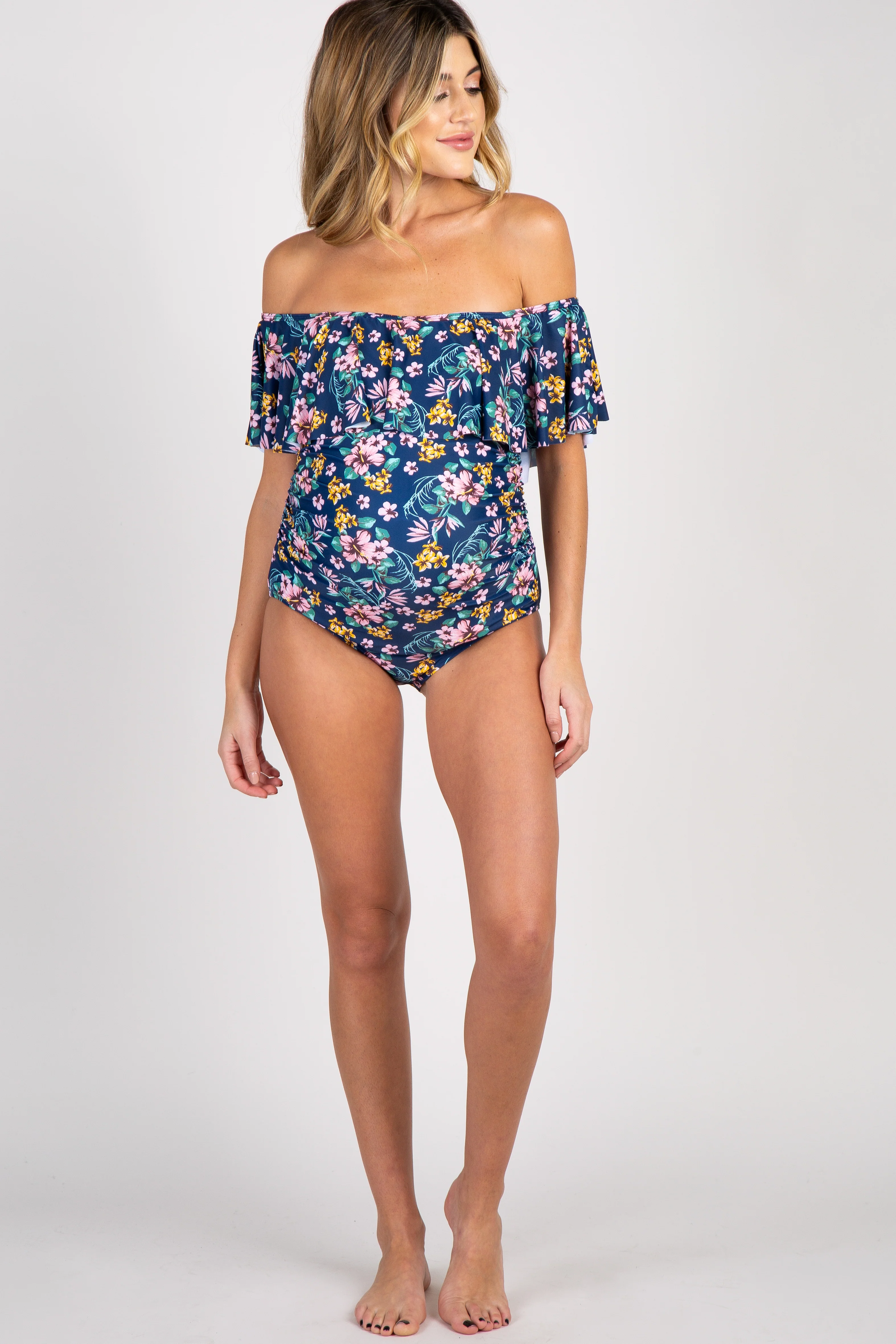Blue Floral Ruffle Trim Ruched One-Piece Maternity Swimsuit - Image 6