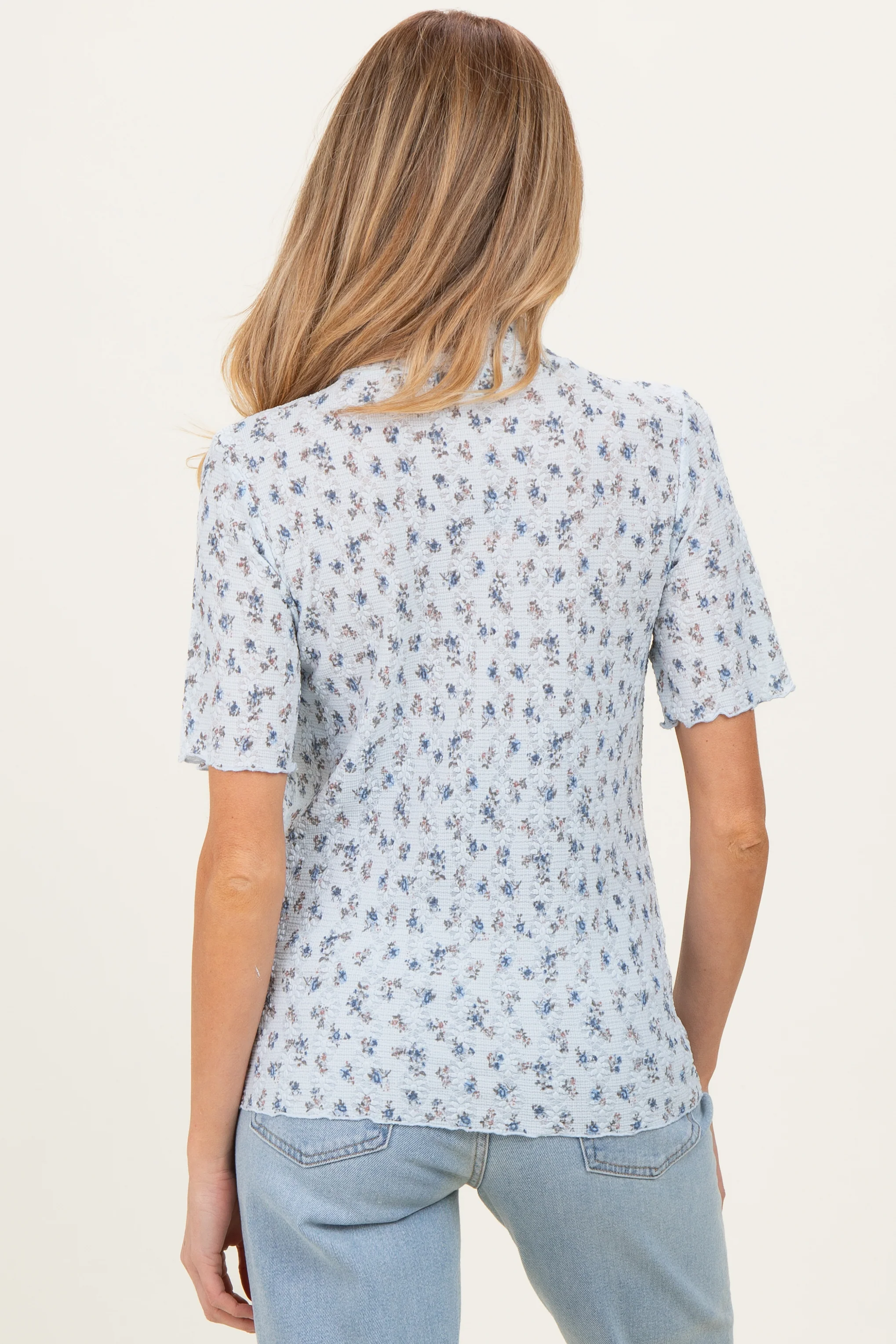 Blue Floral Ruffle Trim Short Sleeve Maternity Top - Image 4