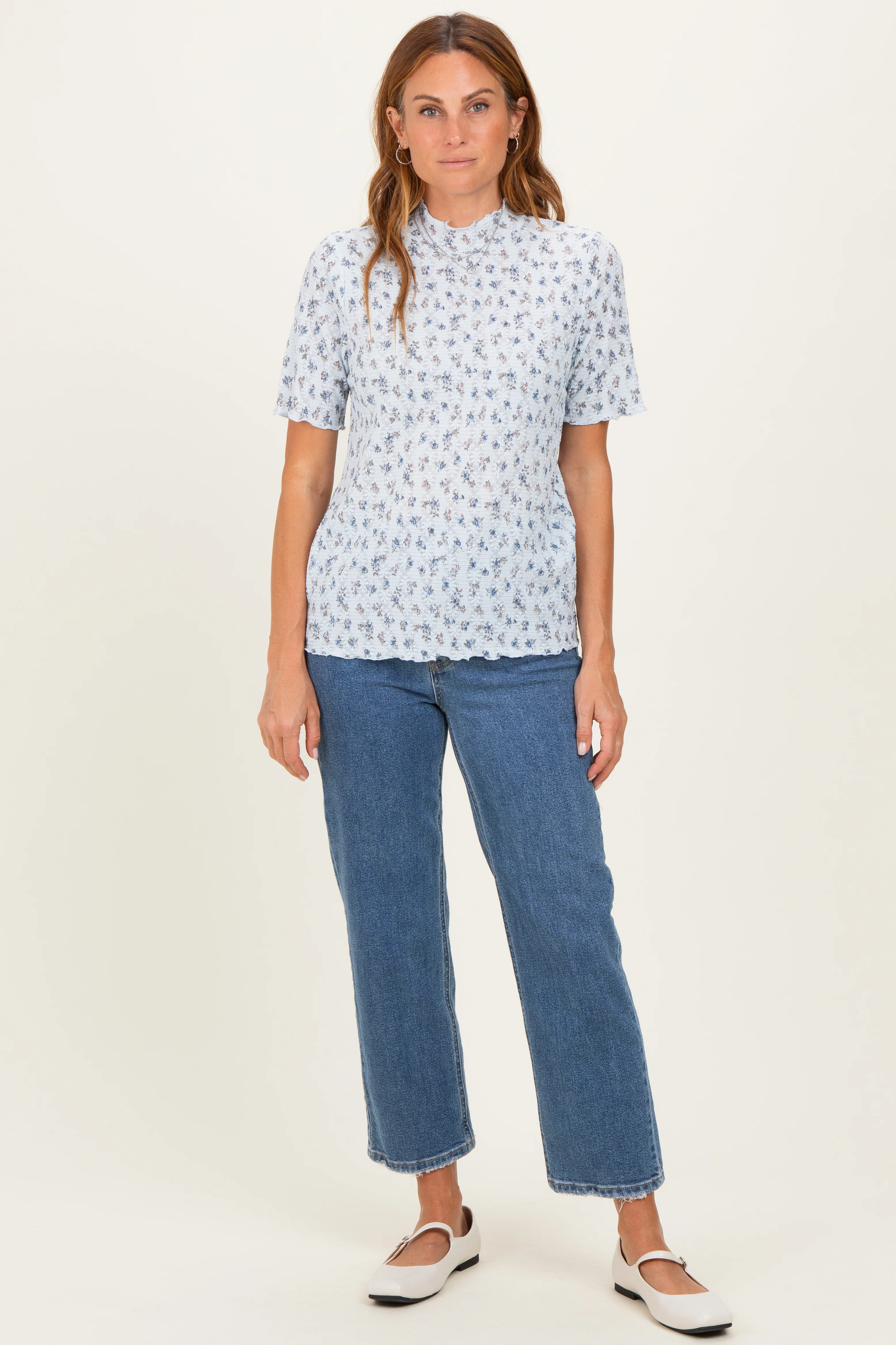 Blue Floral Ruffle Trim Short Sleeve Top - Image 2