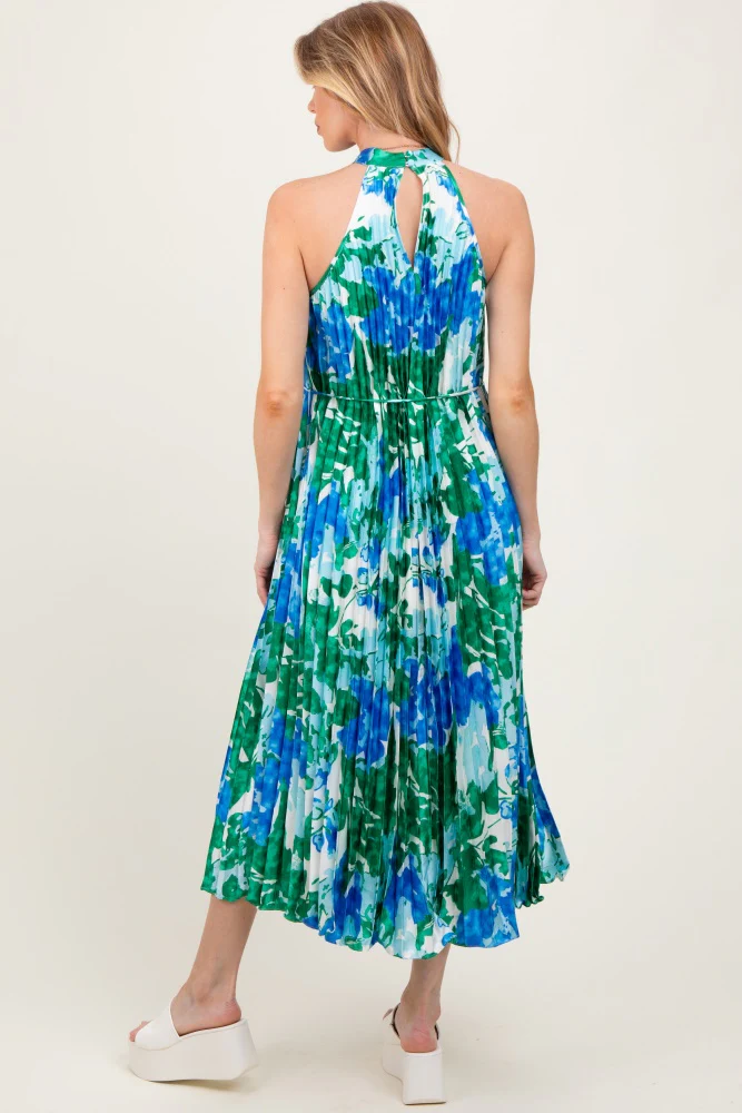 Blue Floral Satin Pleated Halter Neck Maternity Midi Dress - Image 5
