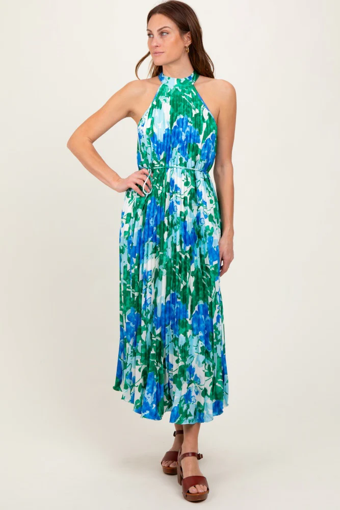 Blue Floral Satin Pleated Halter Neck Maternity Midi Dress - Image 6