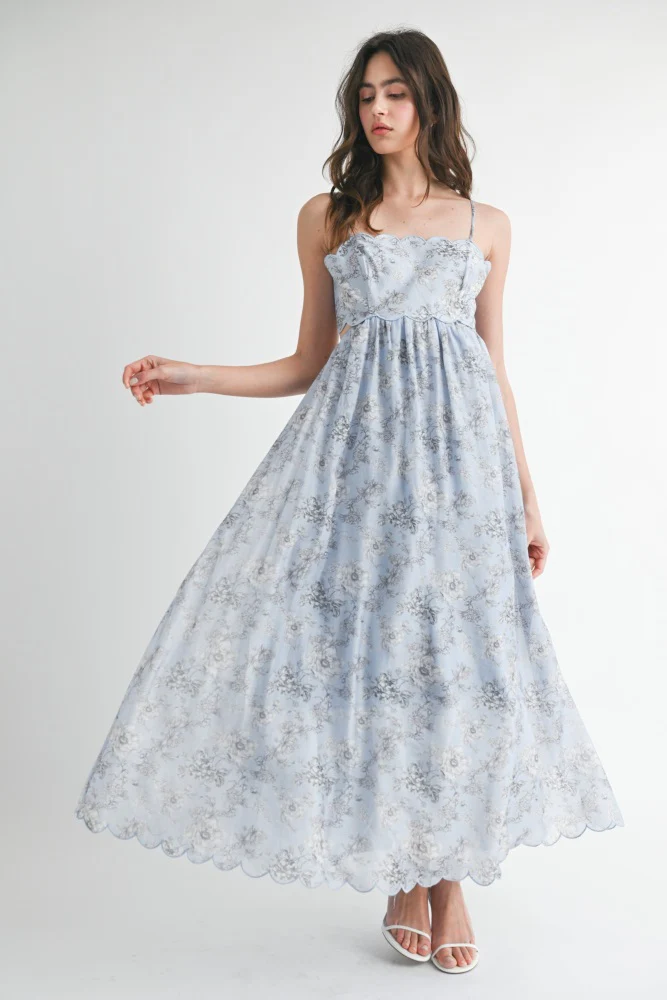 Blue Floral Scallop Edge Back Cutout Maternity Maxi Dress - Image 3