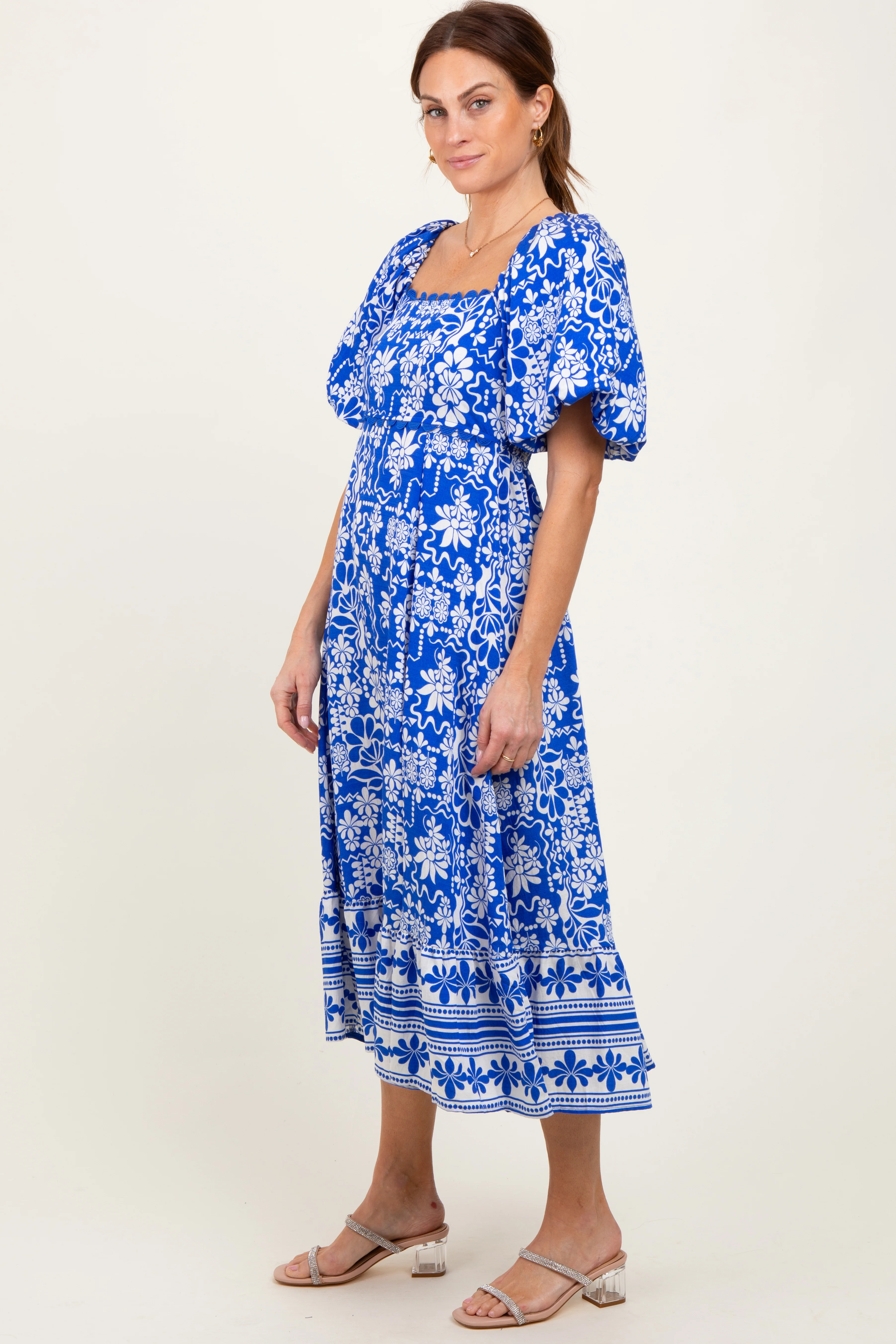 Blue Floral Scallop Trim Midi Dress - Image 3