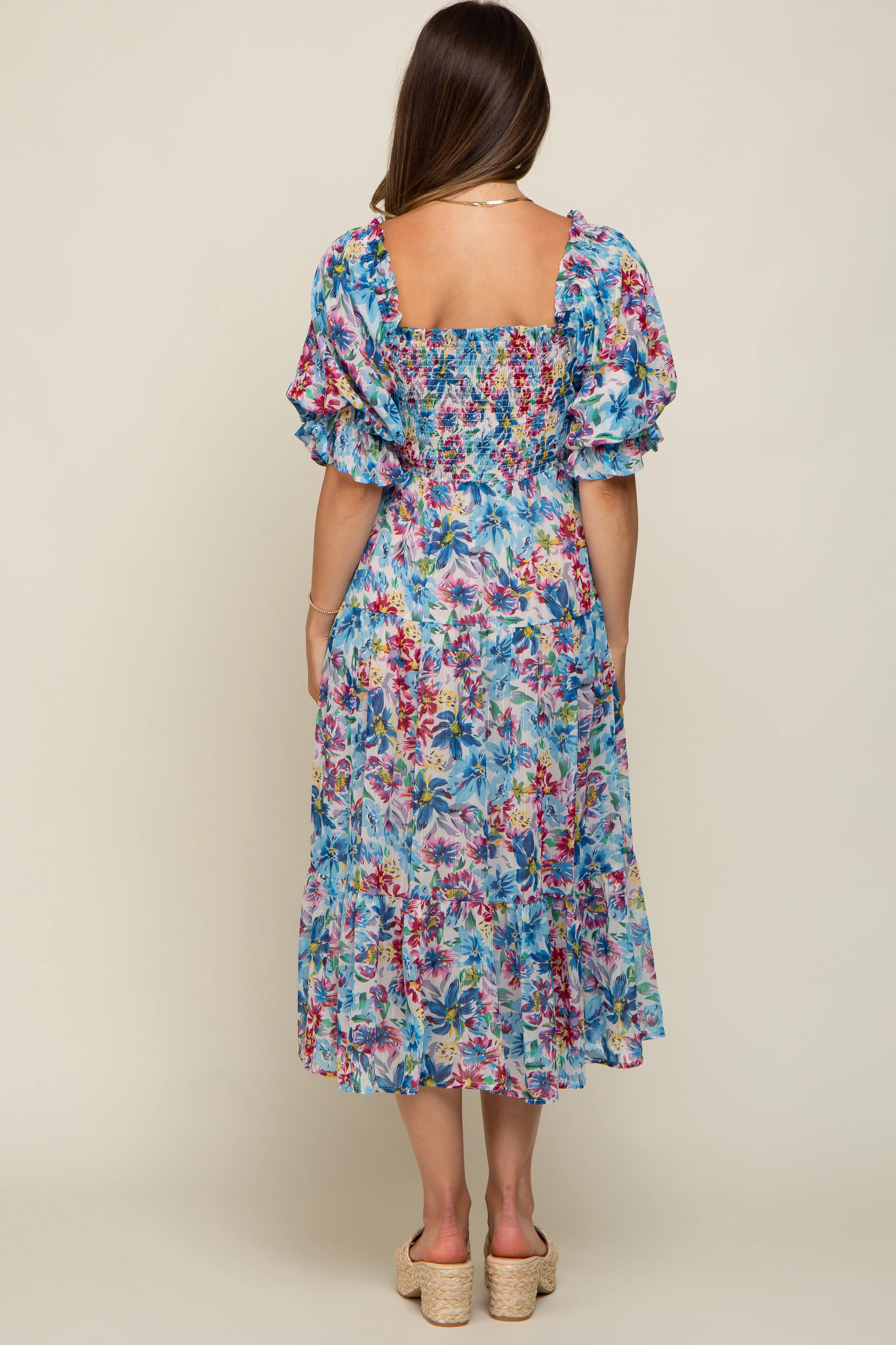 Blue Floral Shimmer Chiffon Ruffle Square Neck Smocked Maternity Midi Dress - Image 4