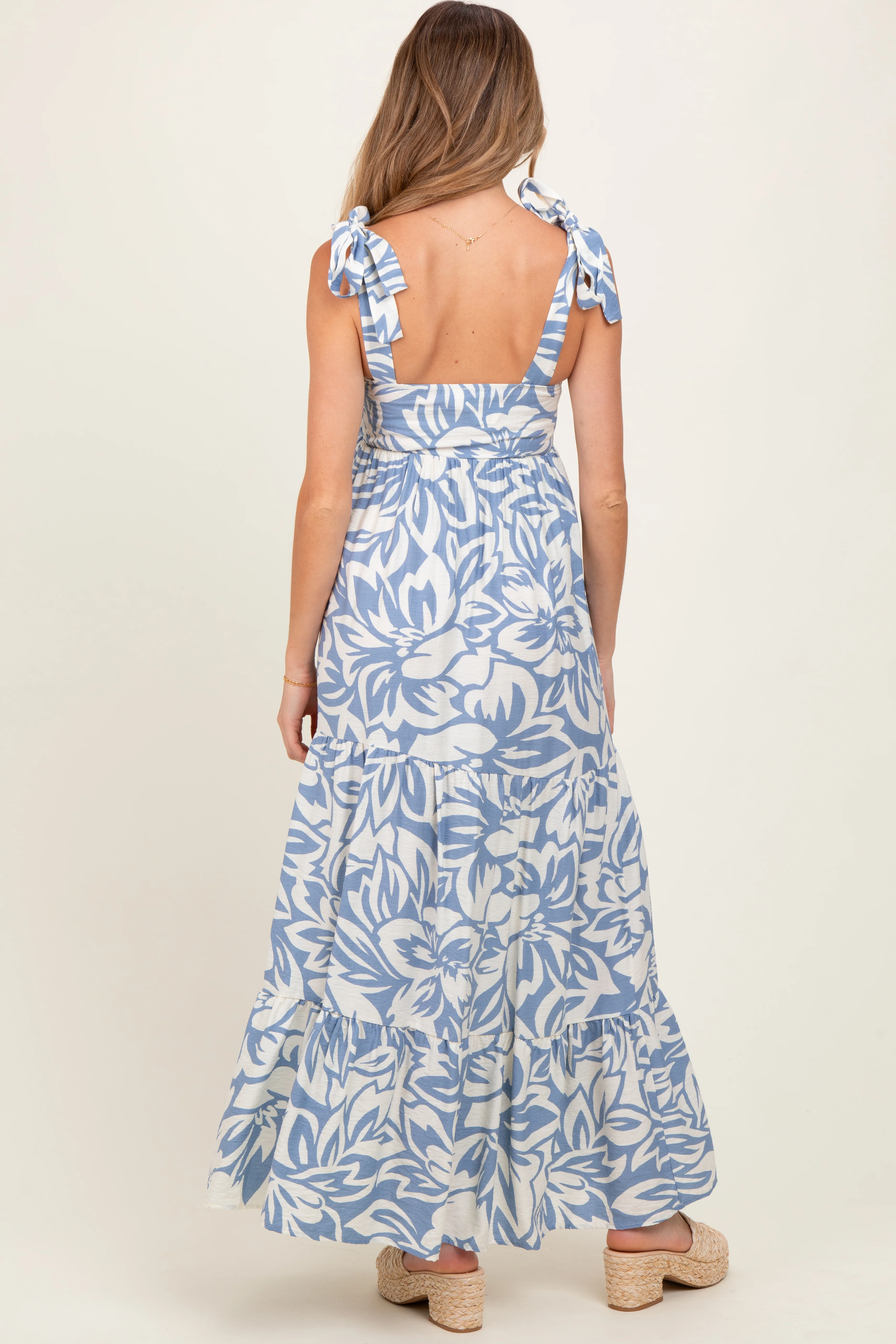 Blue Floral Shoulder Tie Tiered Maternity Maxi Dress - Image 4