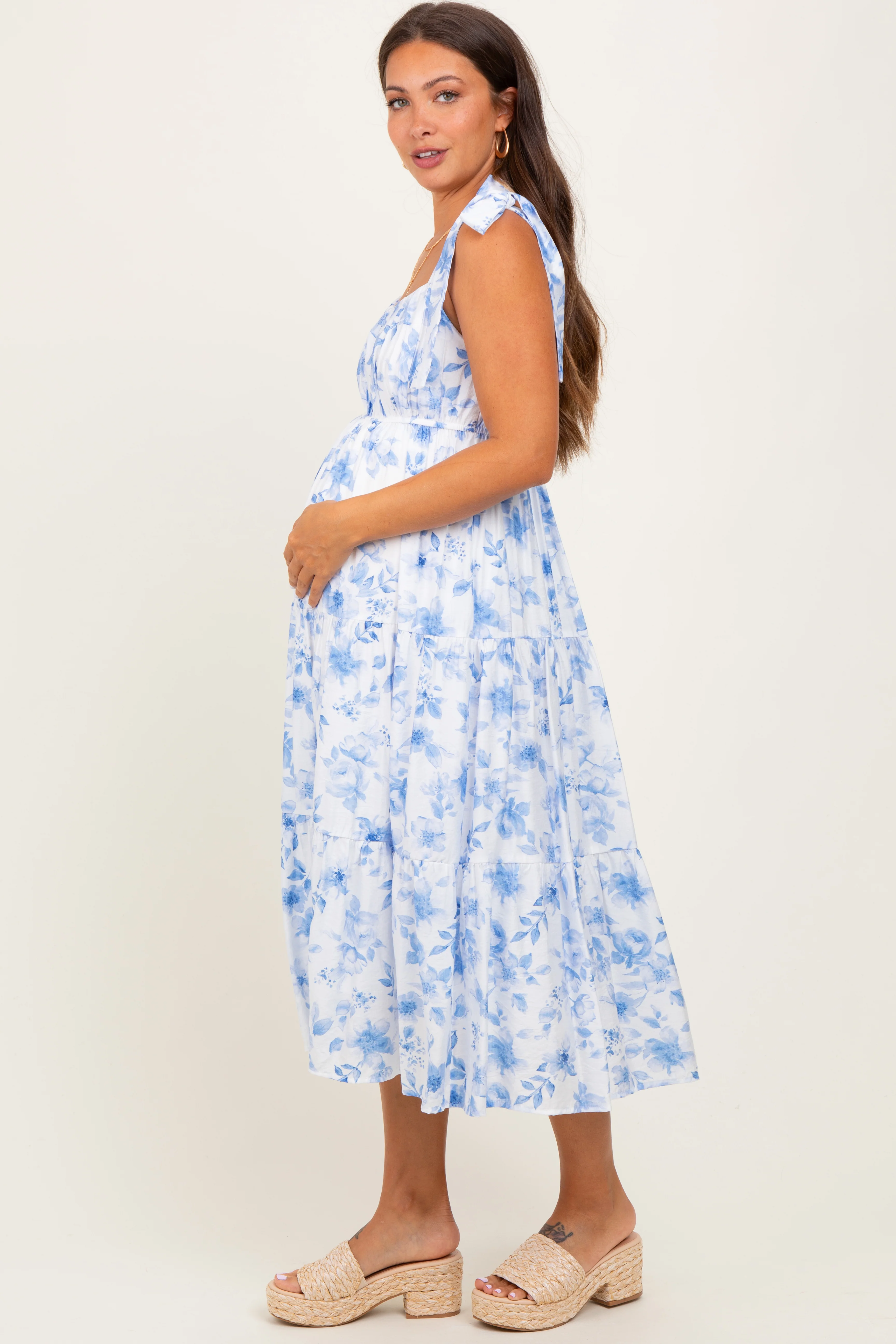 Blue Floral Shoulder Tie Tiered Maternity Midi Dress - Image 3