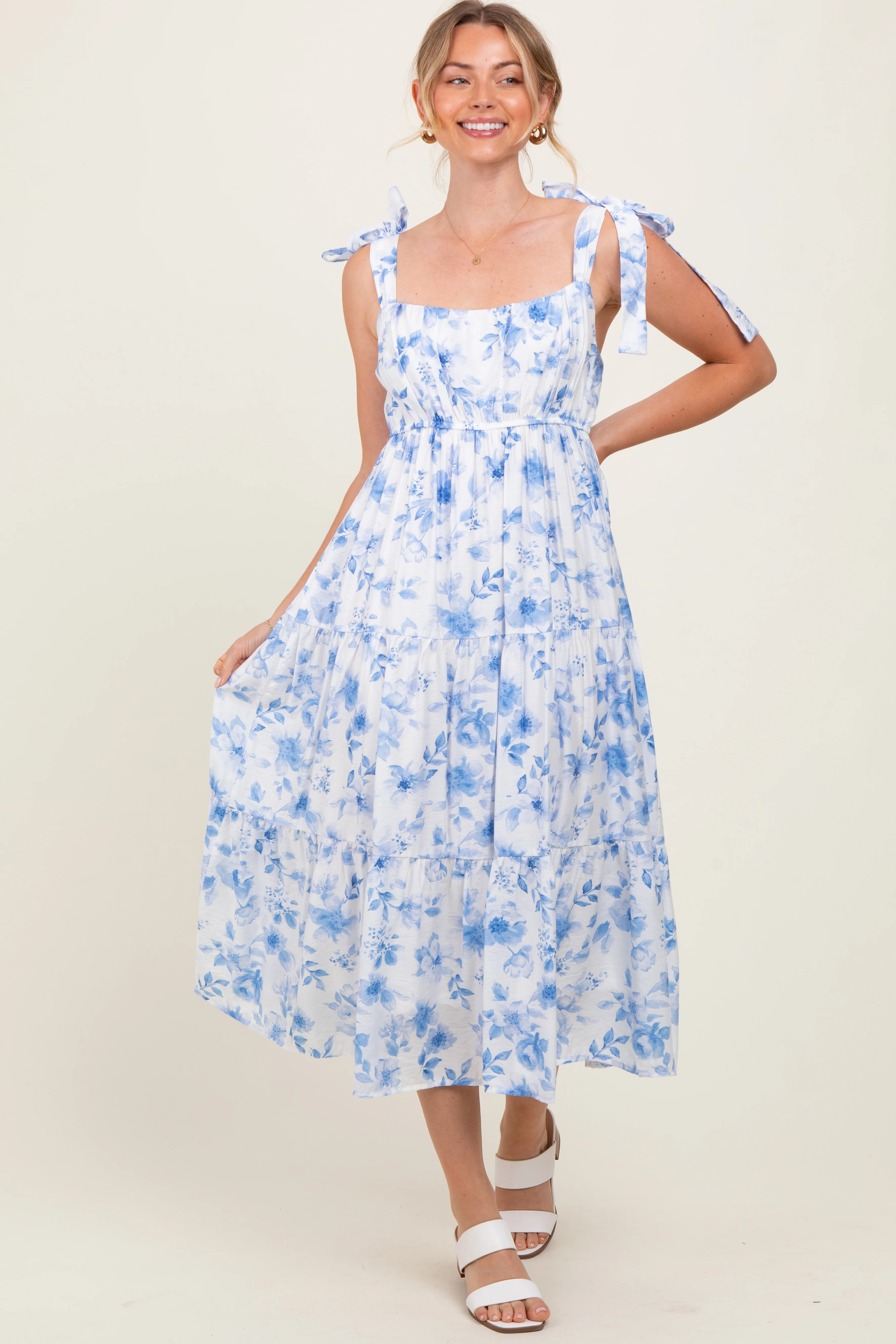 Blue Floral Shoulder Tie Tiered Maternity Midi Dress - Image 5
