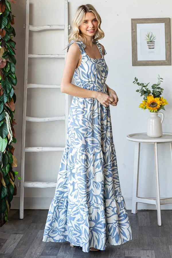 Blue Floral Shoulder Tie Tiered Maxi Dress - Image 3