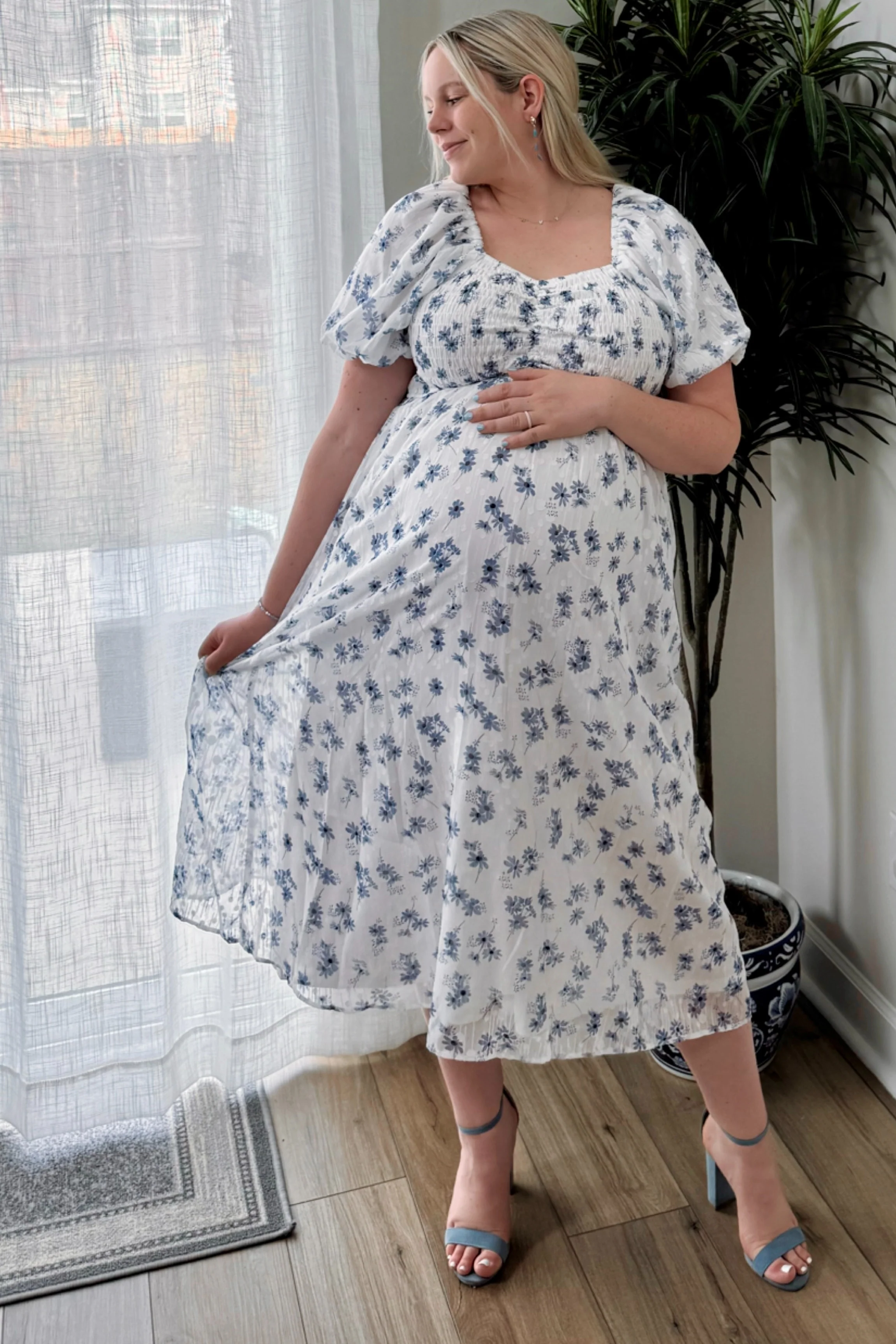Blue Floral Smocked Bodice Maternity Midi Dress - Image 9