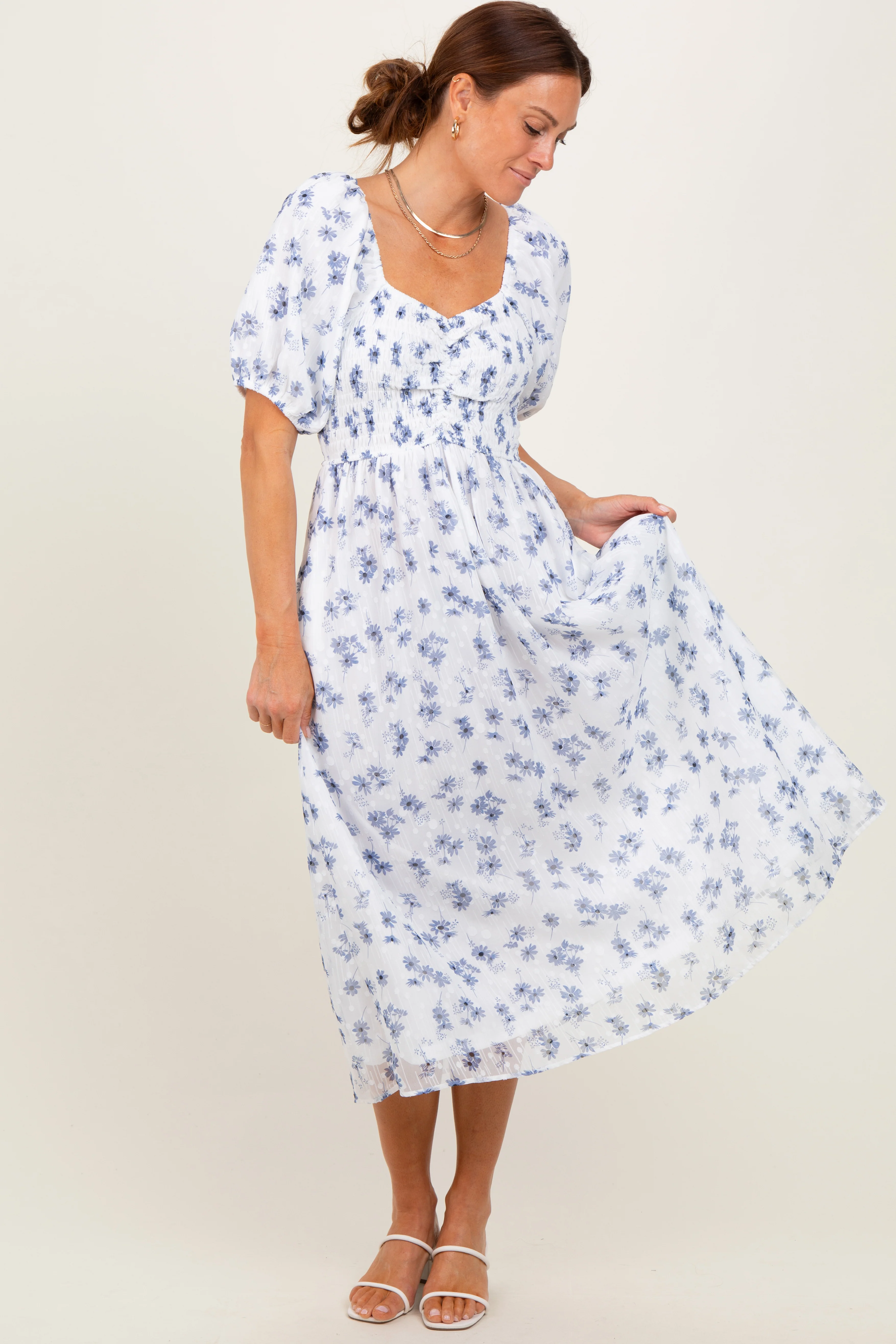Blue Floral Smocked Bodice Midi Dress - Image 2