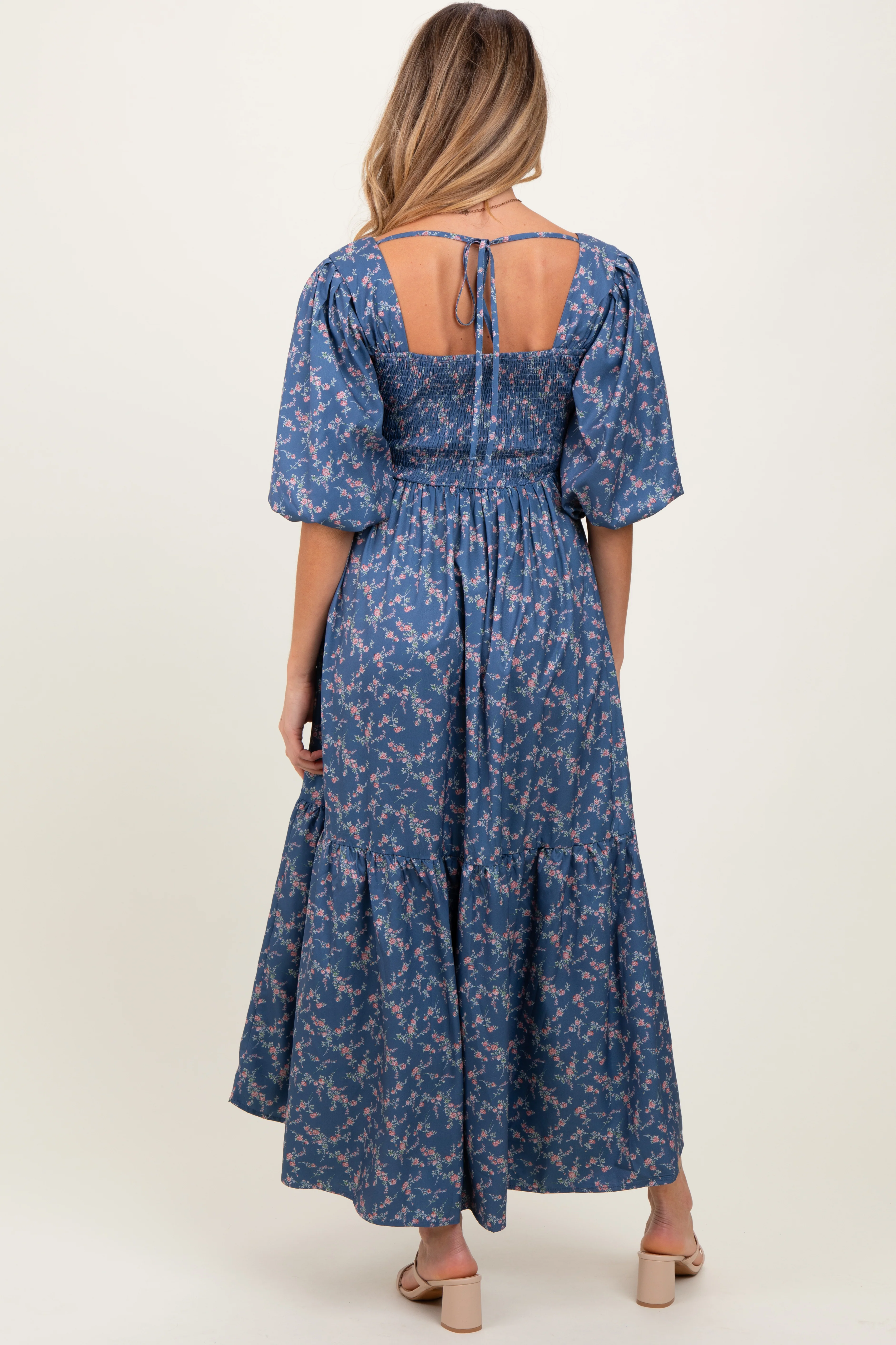 Blue Floral Smocked Hi-Low Puff Sleeve Maternity Maxi Dress - Image 4