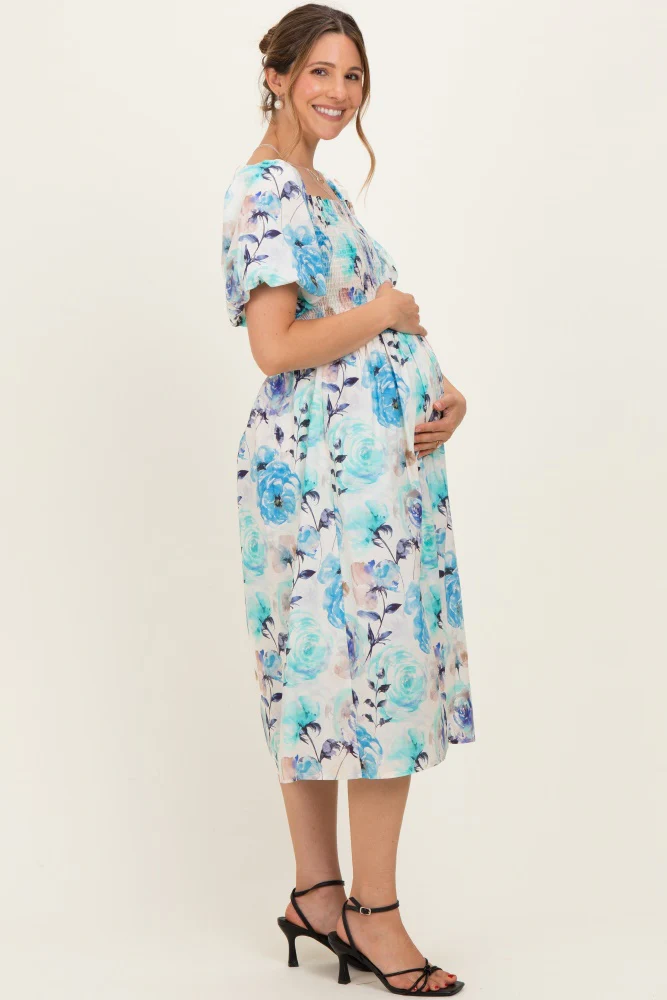 Blue Floral Smocked Puff Sleeve Maternity Midi Dress - Image 3