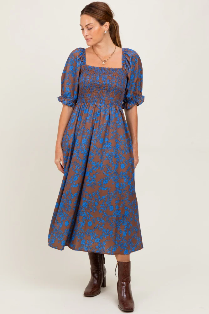 Blue Floral Smocked Puff Sleeve Midi Dress