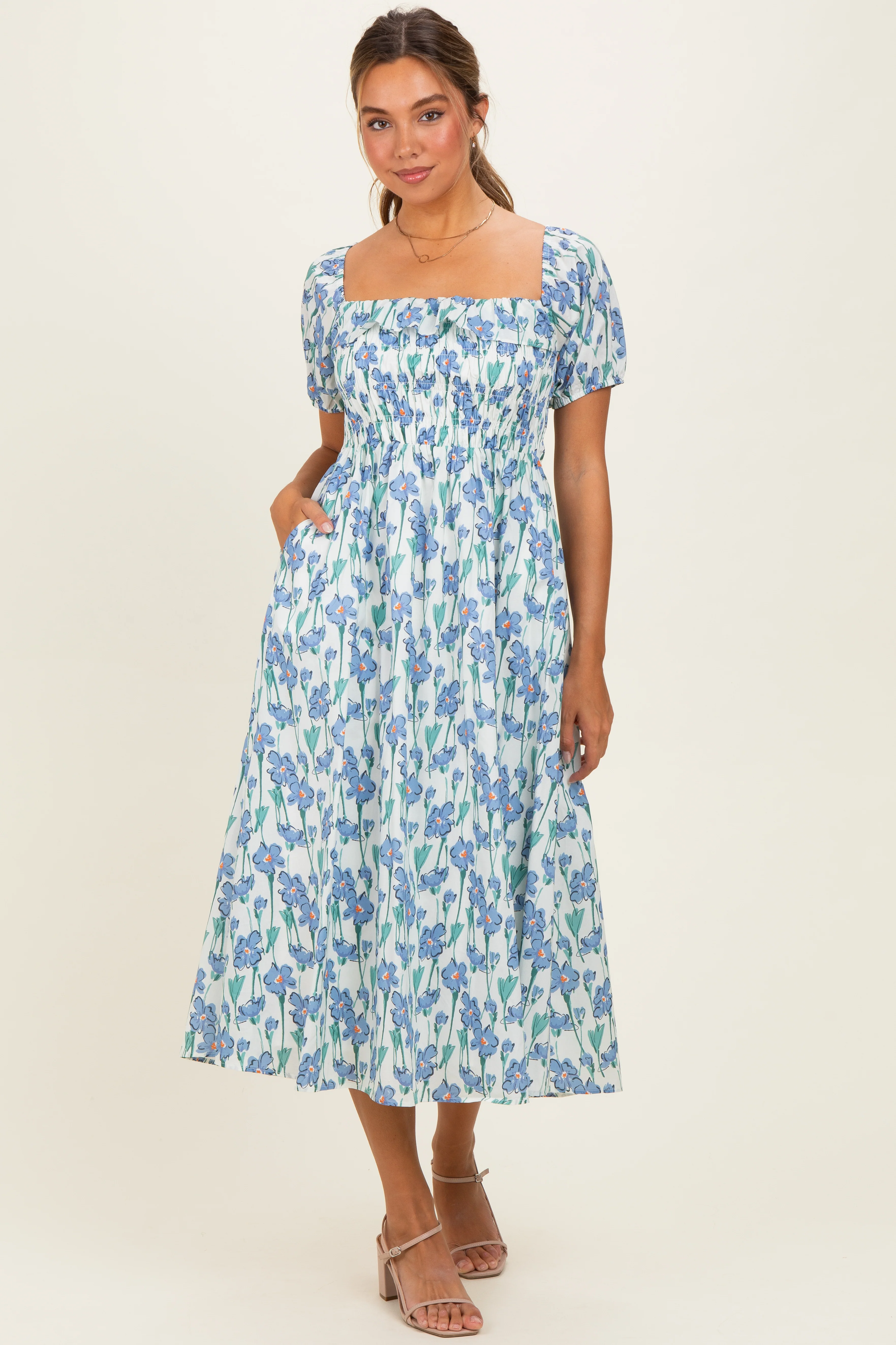 Blue Floral Smocked Ruffle Accent Maternity Midi Dress - Image 4
