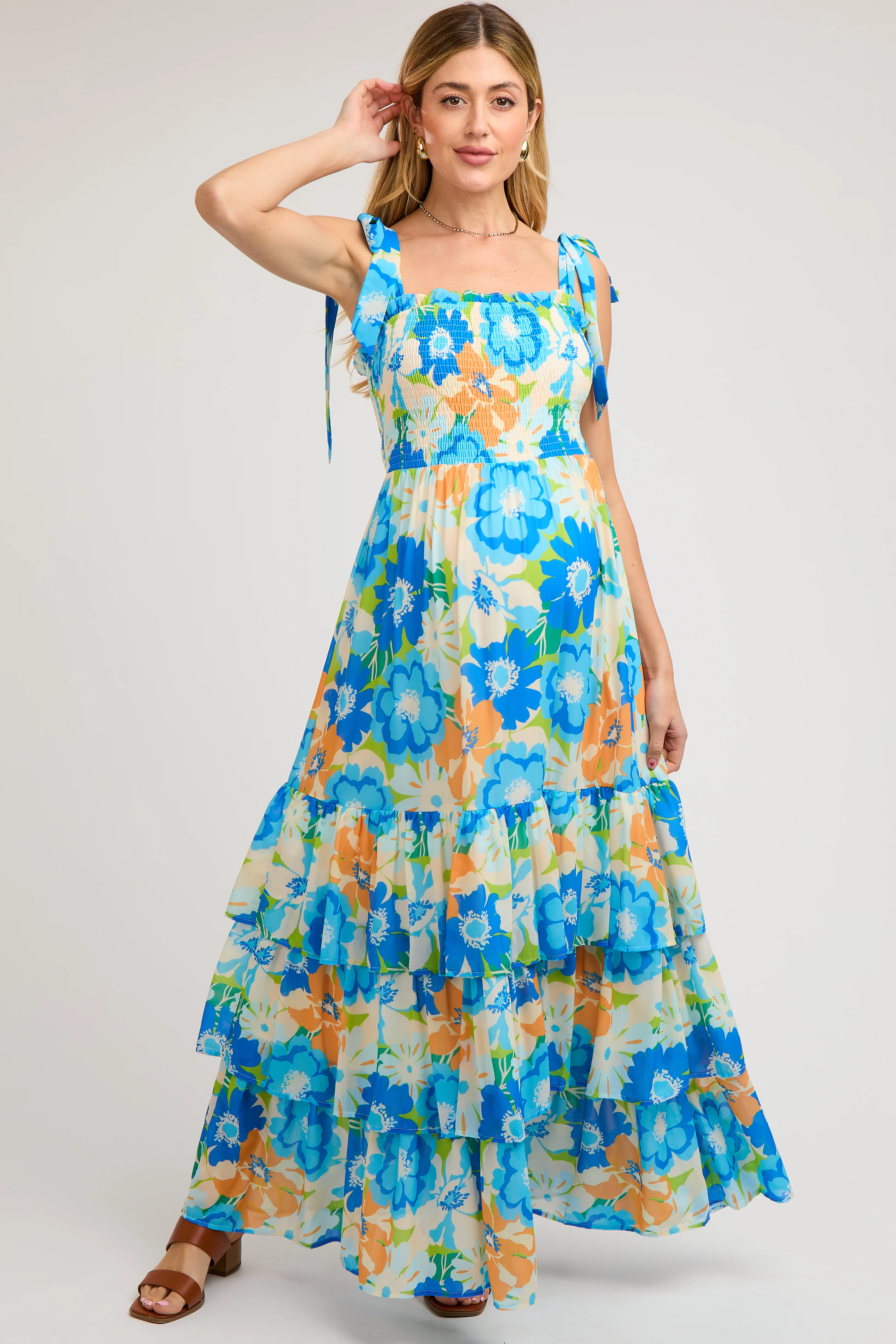 Blue Floral Smocked Shoulder Strap Maternity Maxi Dress - Image 2