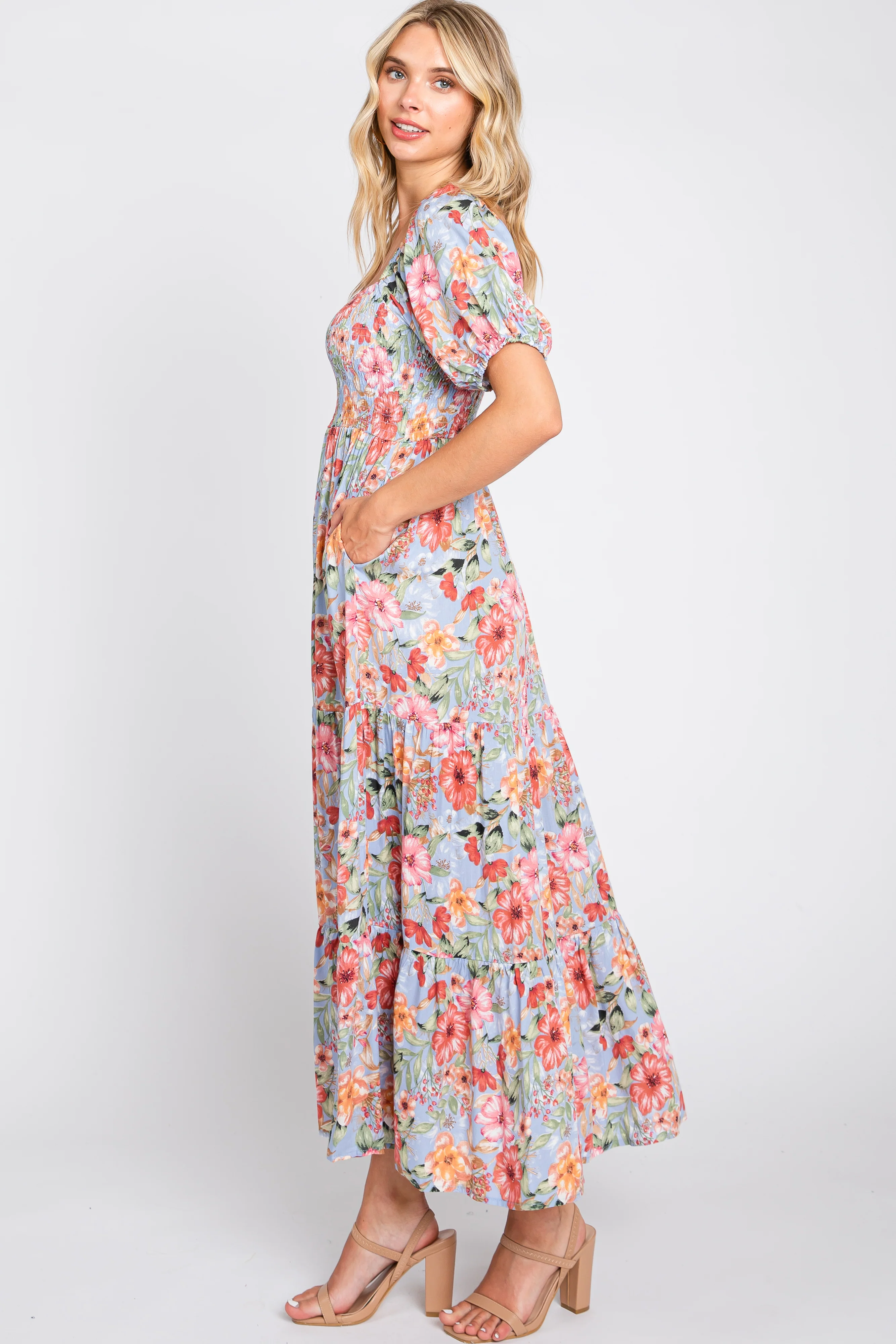 Blue Floral Smocked Square Neck Tiered Maxi Dress - Image 2