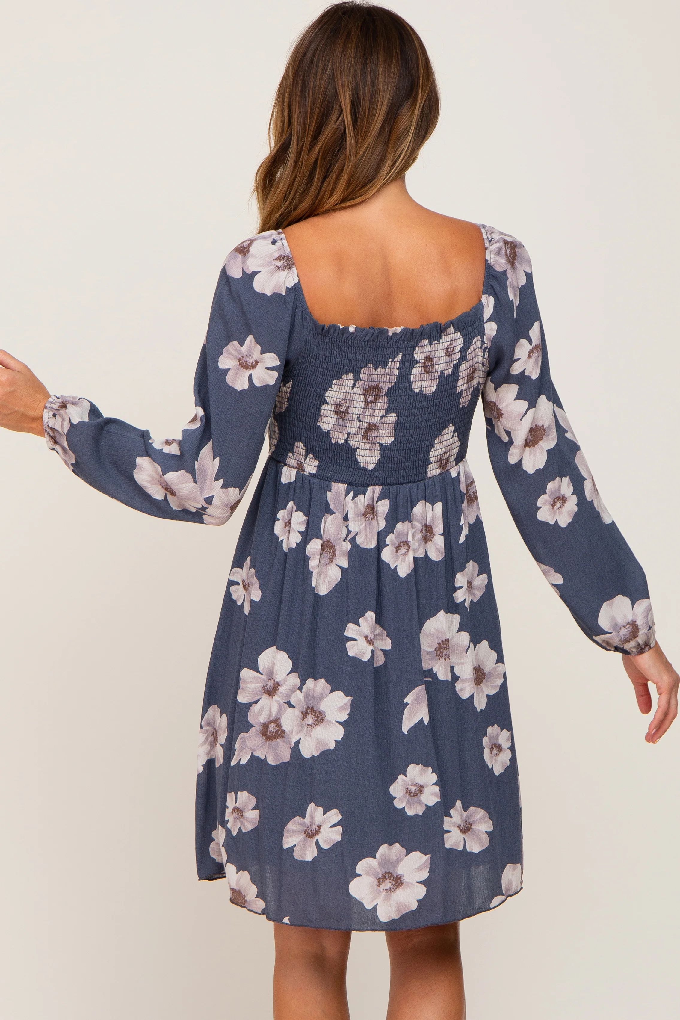Blue Floral Smocked Tie Back Dress - Image 3
