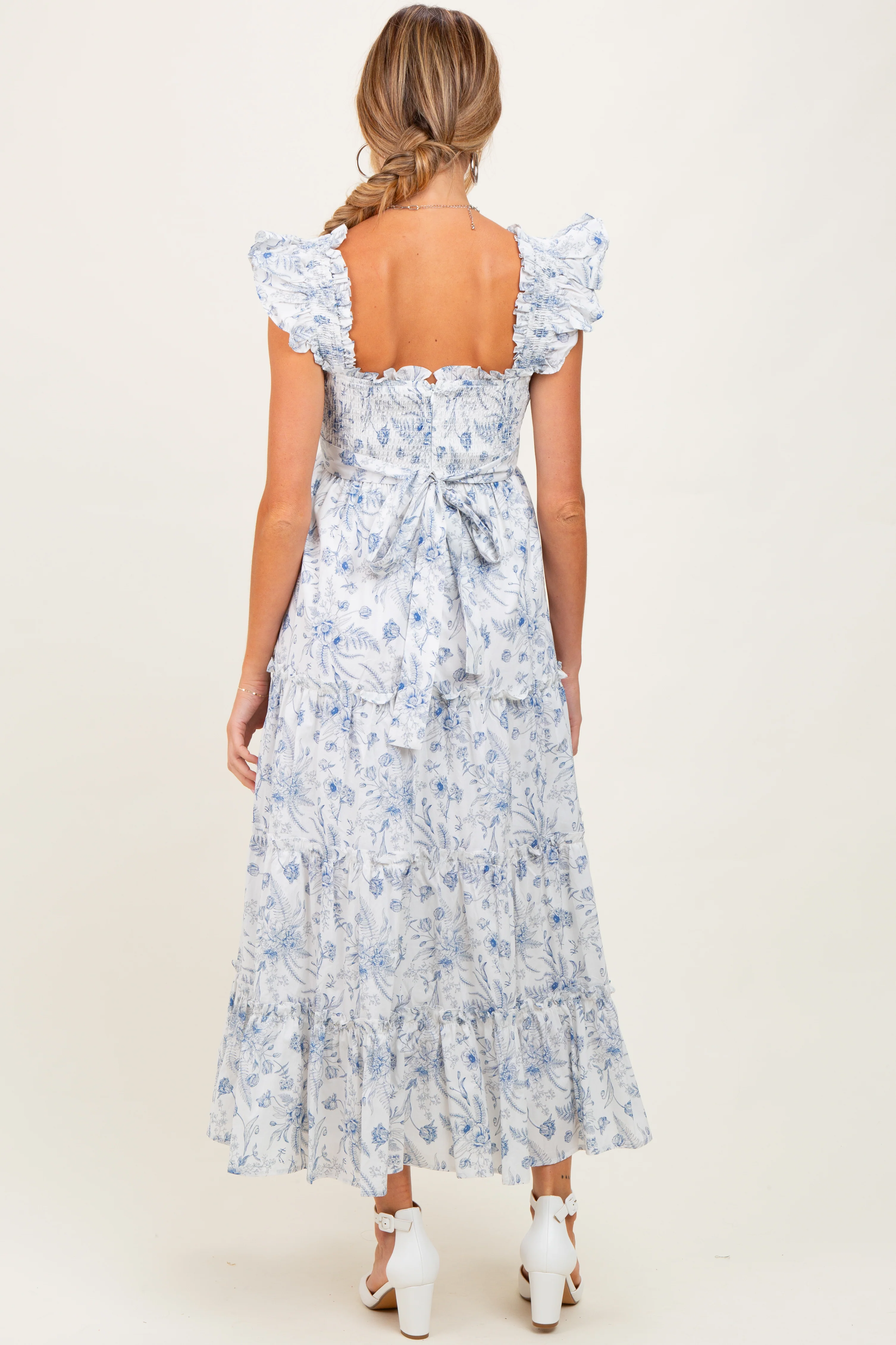 Blue Floral Smocked Tiered Maternity Maxi Dress - Image 4
