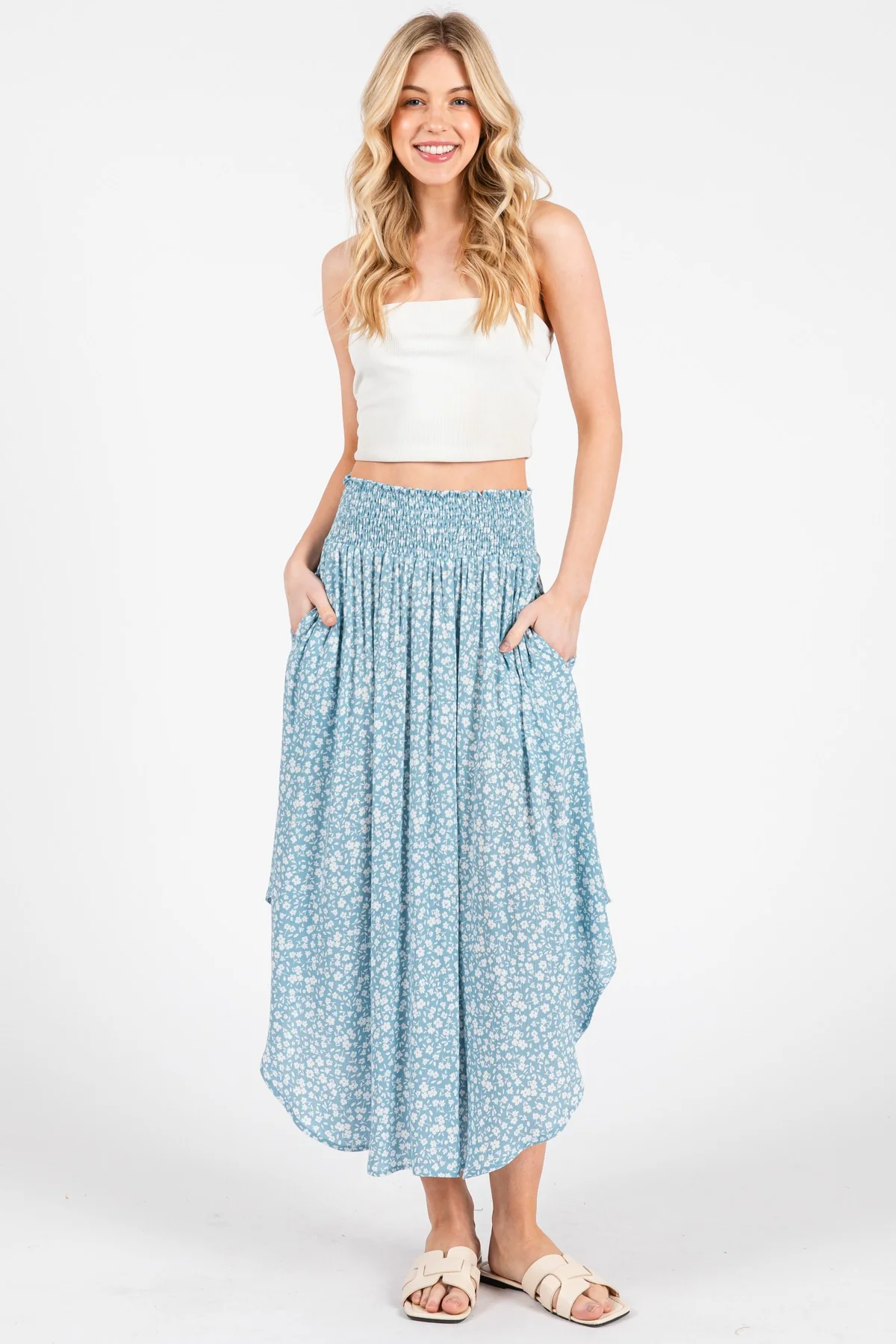 Blue Floral Smocked Waist Round Hem Maternity Midi Skirt - Image 5