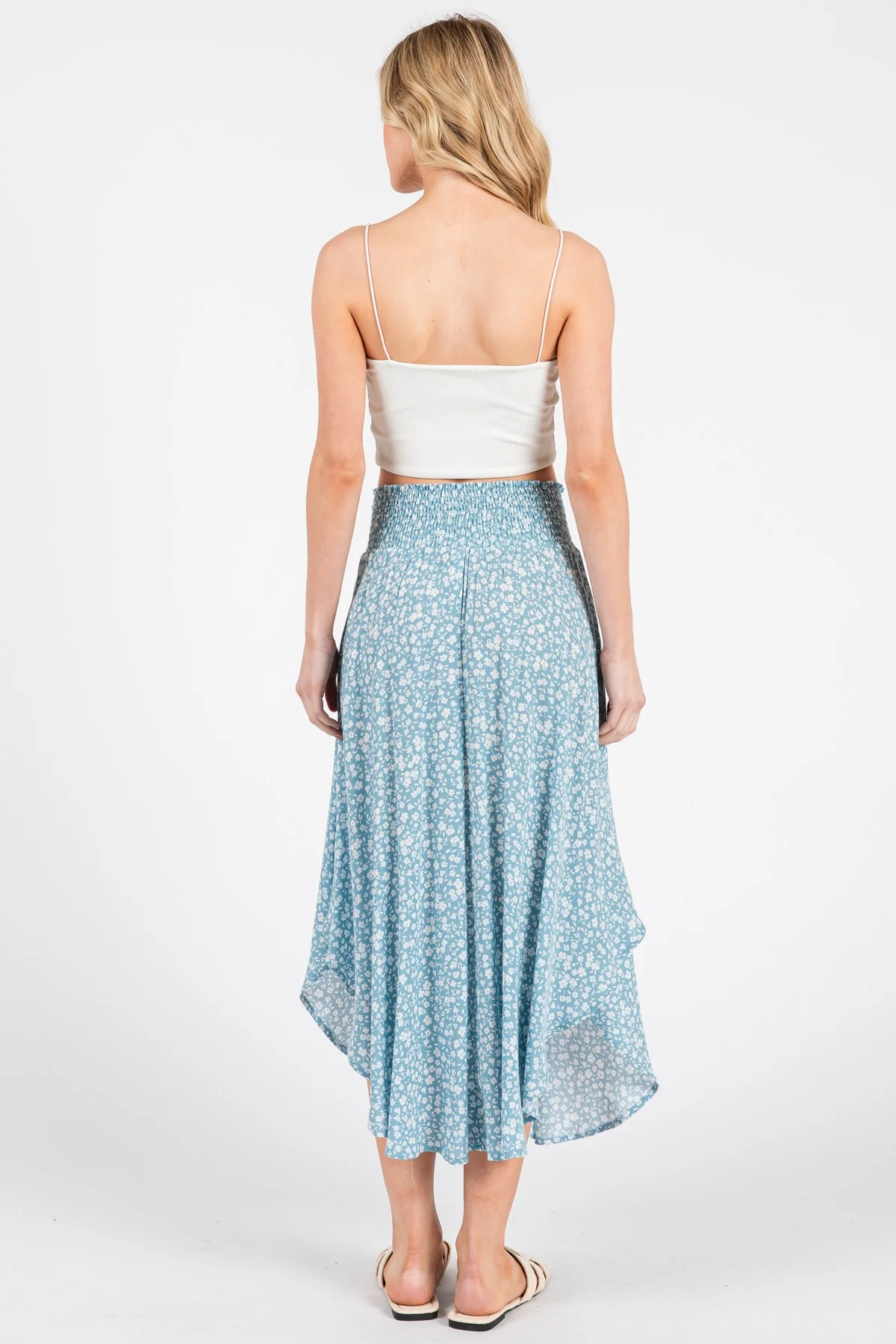 Blue Floral Smocked Waist Round Hem Midi Skirt - Image 4