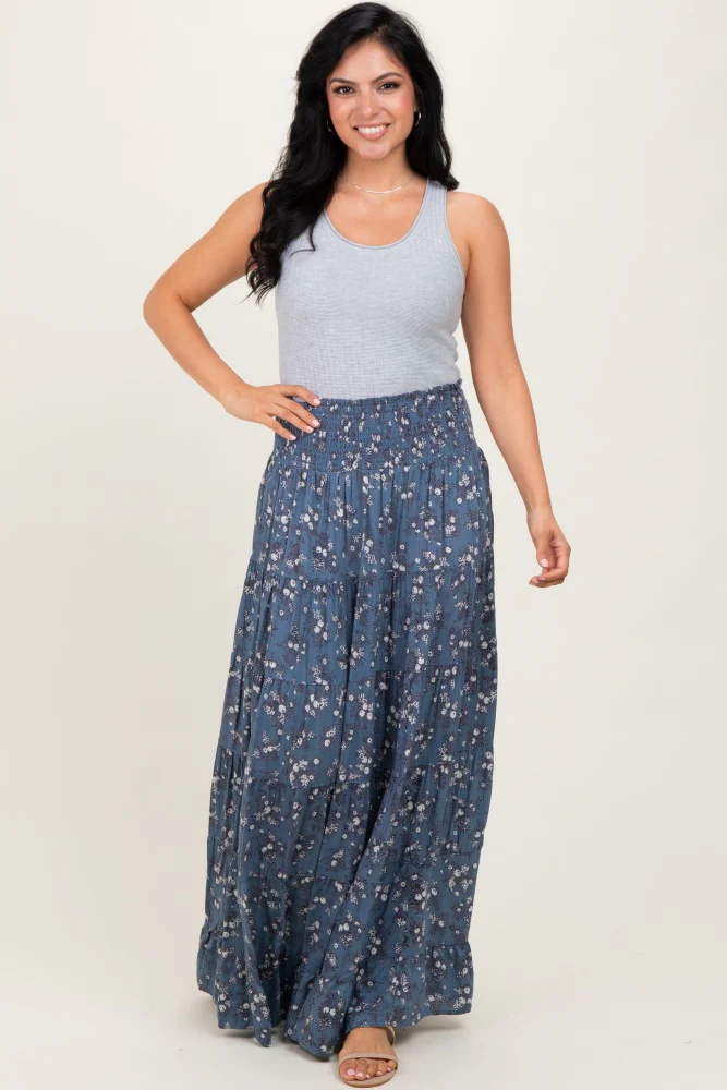 Blue Floral Smocked Waist Tiered Maternity Maxi Skirt - Image 5