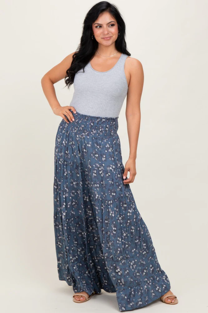 Blue Floral Smocked Waist Tiered Maxi Skirt - Image 2