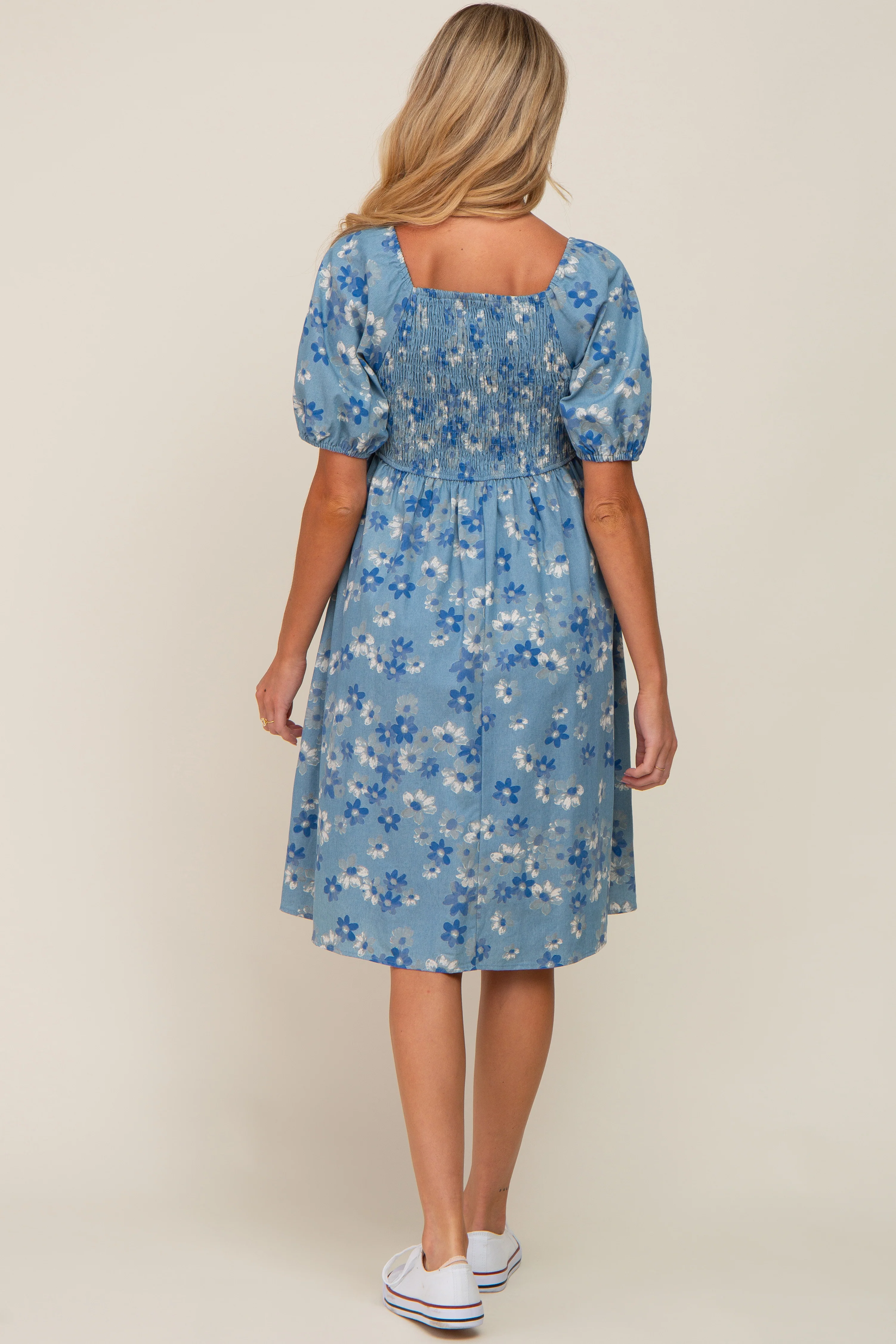 Blue Floral Square Neck Denim Maternity Dress - Image 4