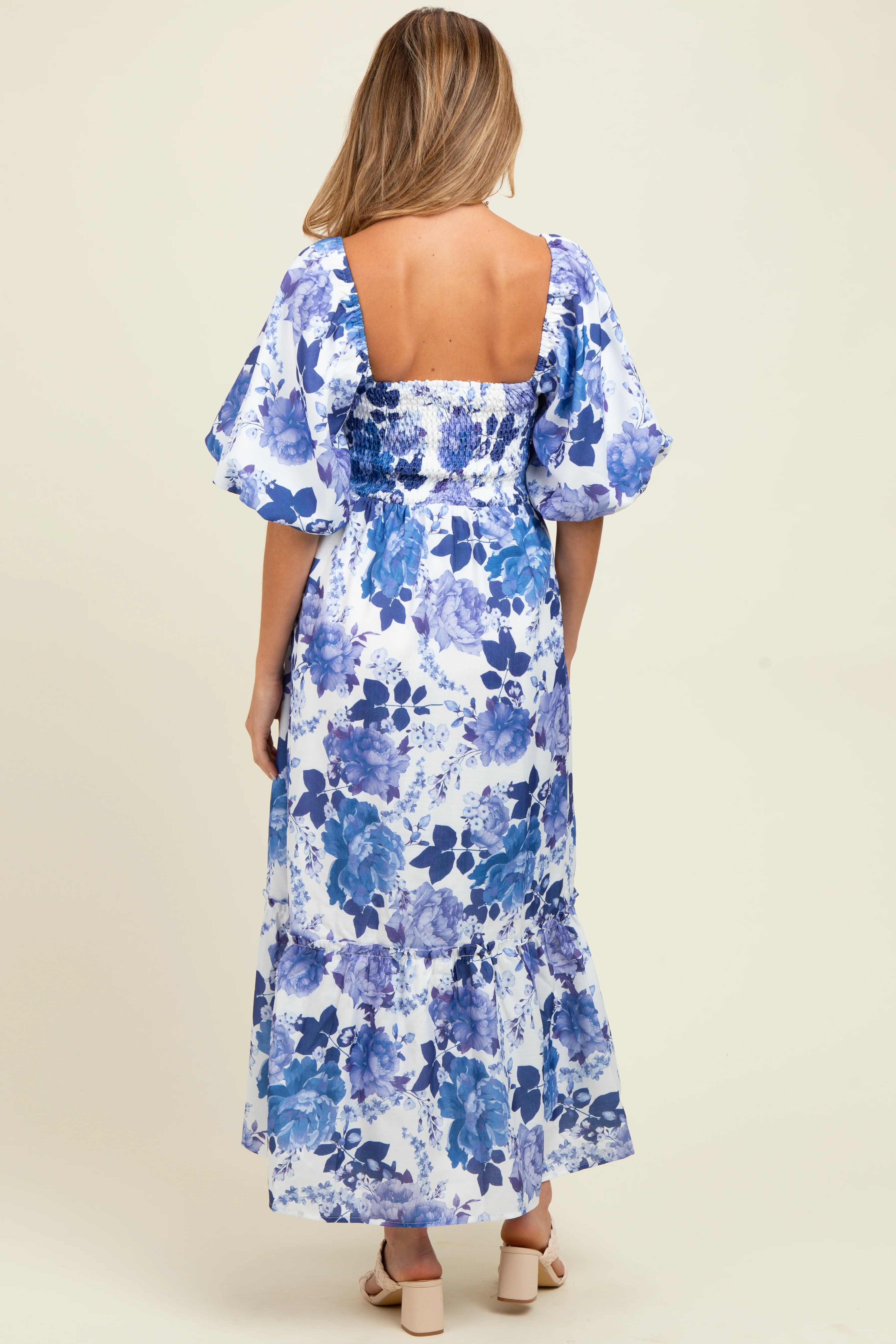 Blue Floral Square Neck Puffed Sleeve Maternity Maxi Dress - Image 3