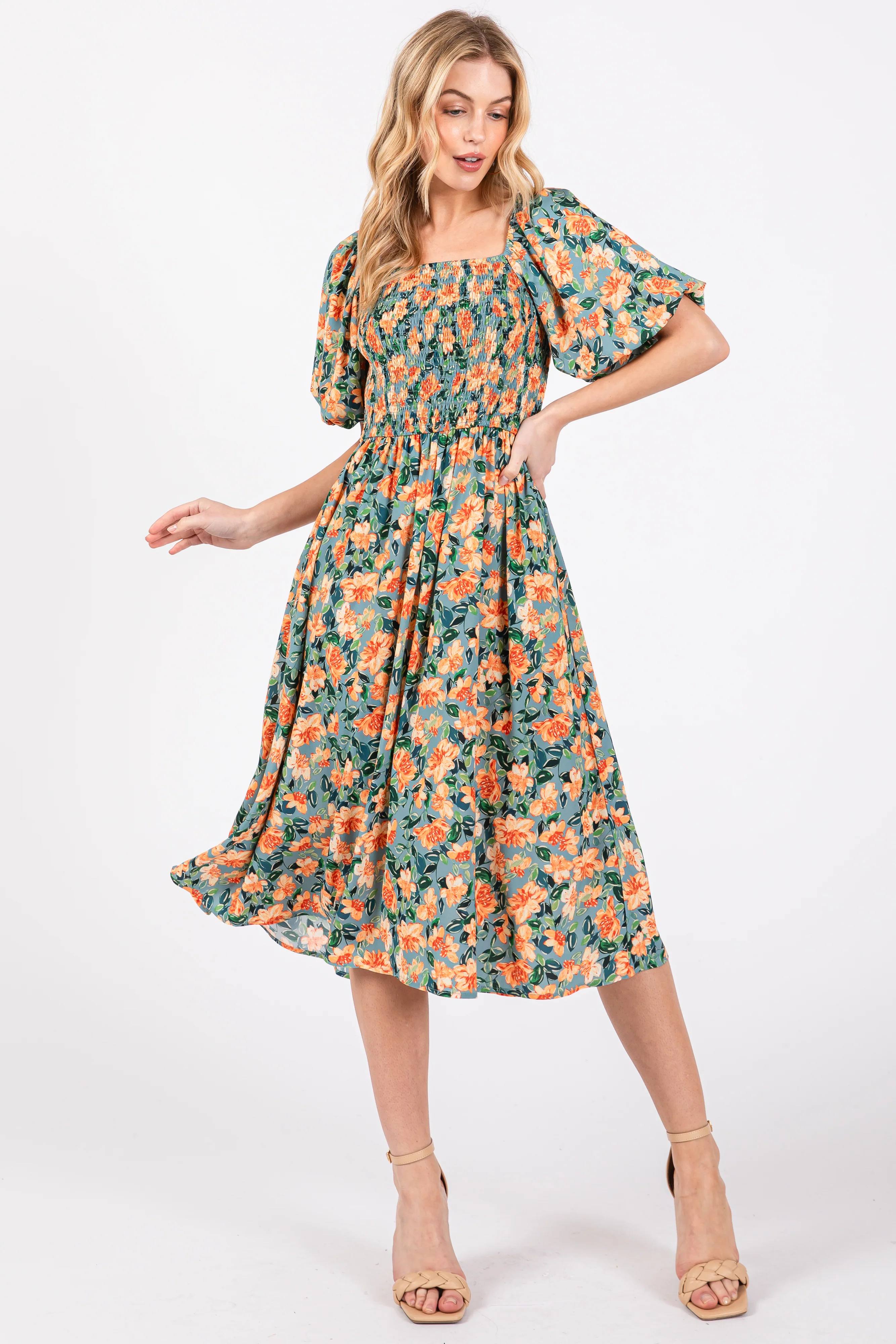 Blue Floral Square Neck Smocked Short Puff Sleeve Maternity Midi Dress - Image 3