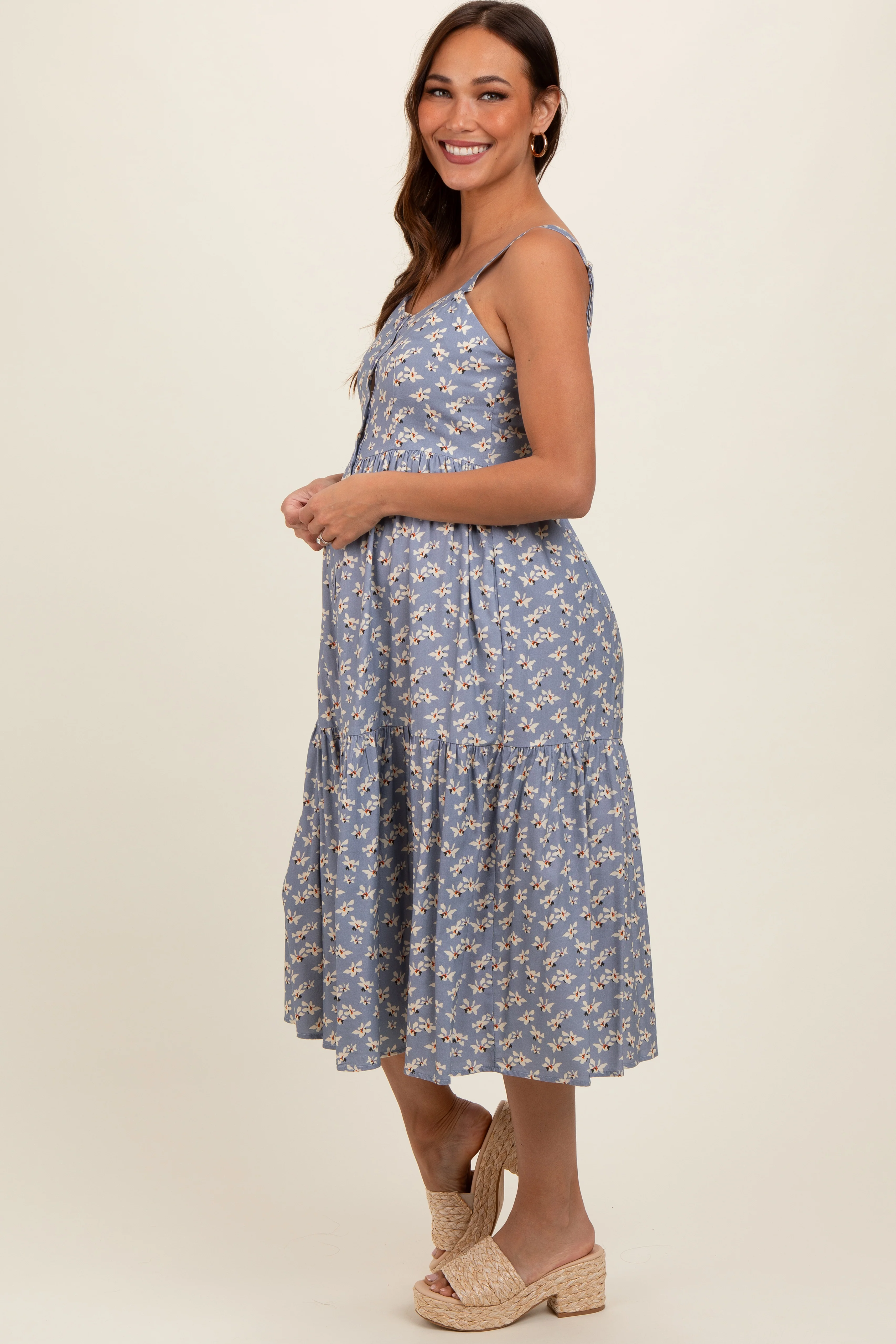 Blue Floral Sweetheart Neck Button Front Ruffle Maternity Midi Dress - Image 3