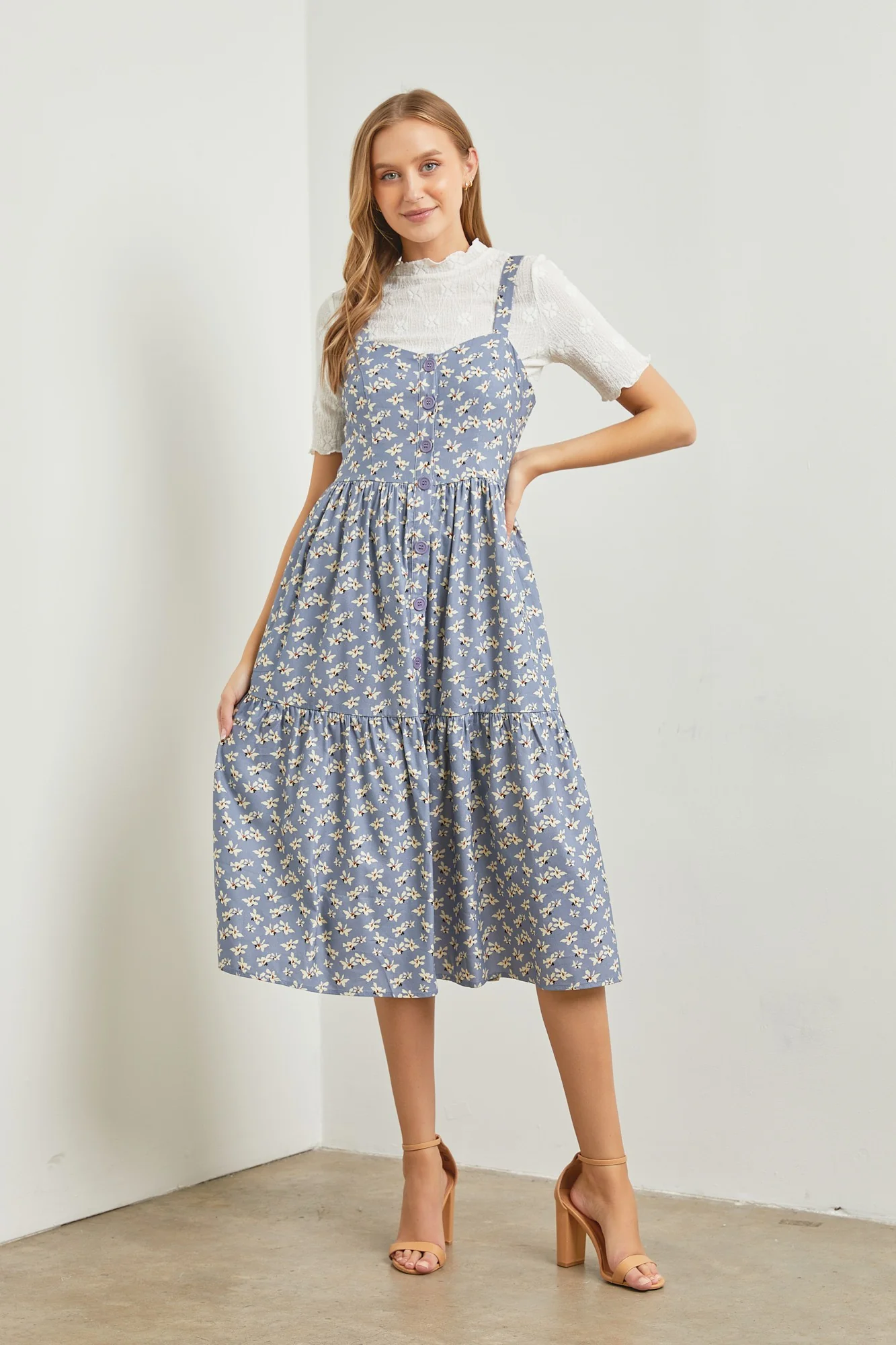 Blue Floral Sweetheart Neck Button Front Ruffle Maternity Midi Dress - Image 5