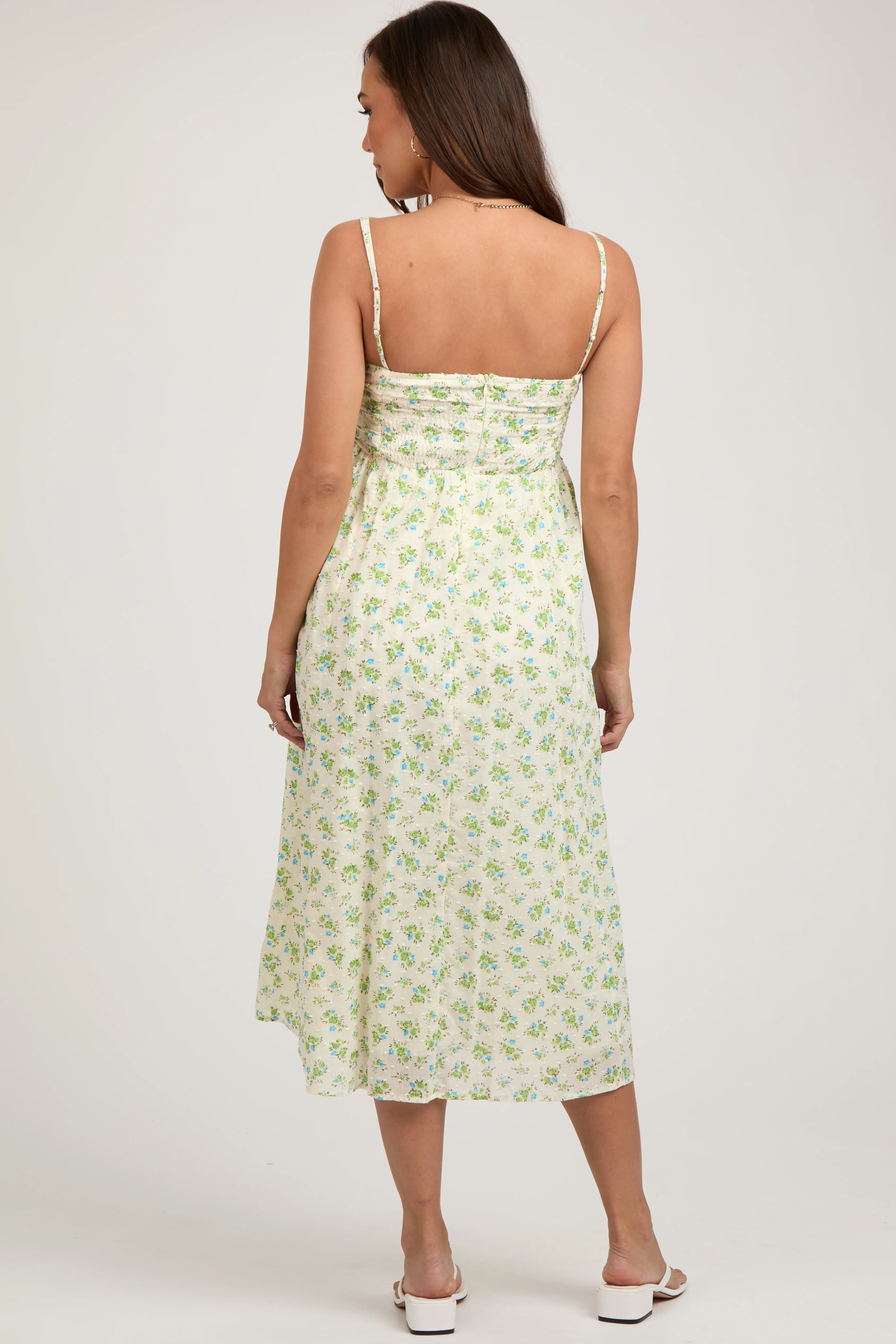 Blue Floral Textured Dot Square Neck Maternity Midi Dress - Image 4