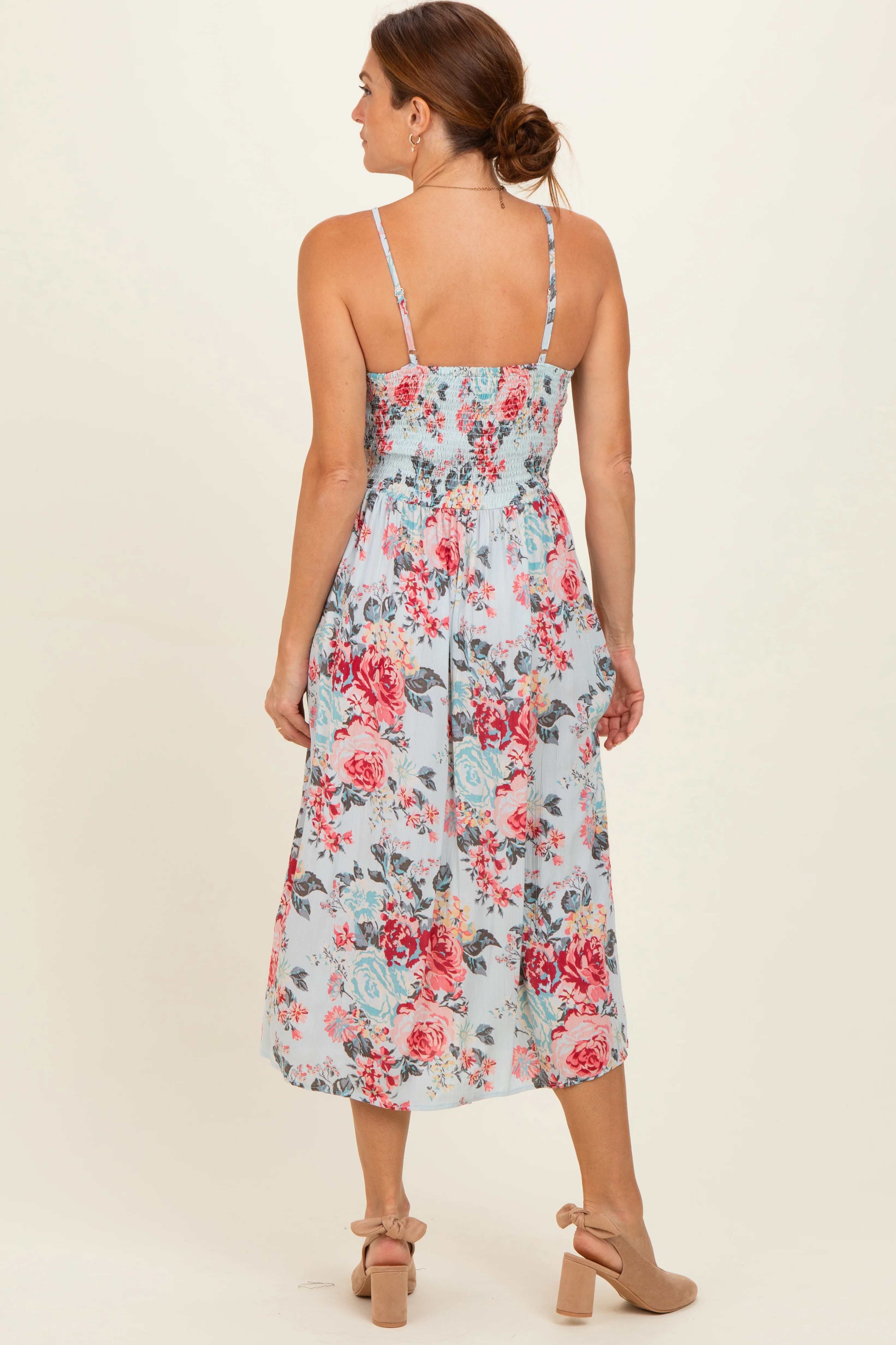 Blue Floral Twisted Front Cutout Midi Dress - Image 3