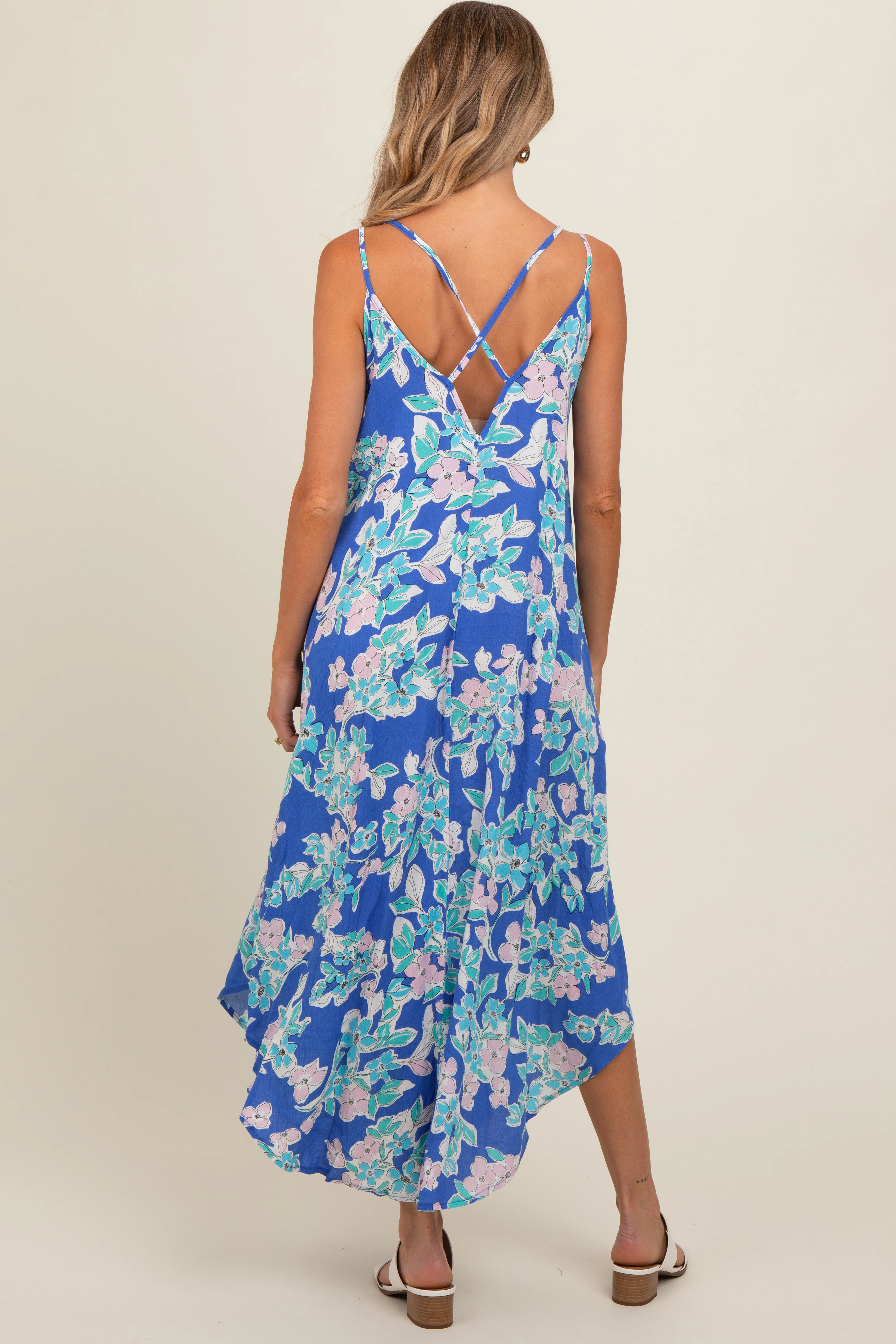 Blue Floral V-Neck Cross Back Maternity Midi Dress - Image 4