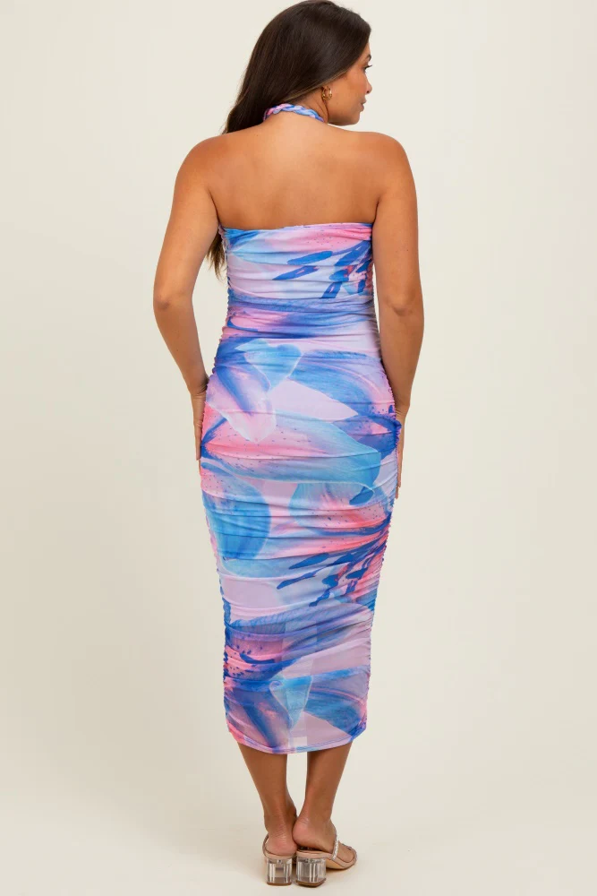 Blue Flower Mesh Halter Maternity Midi Dress - Image 4