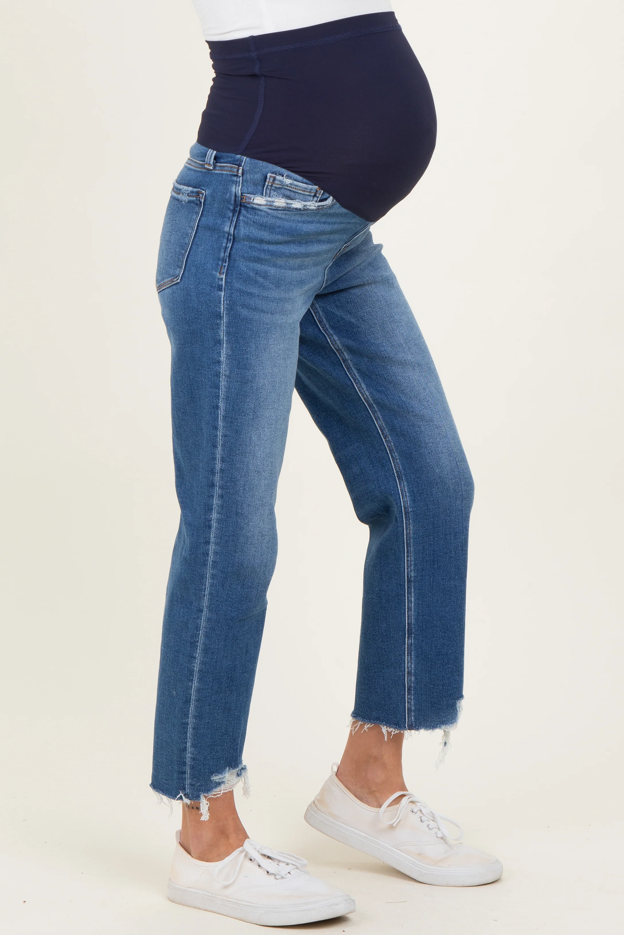 Blue Frayed Hem Cropped Straight Leg Maternity Jeans - Image 4