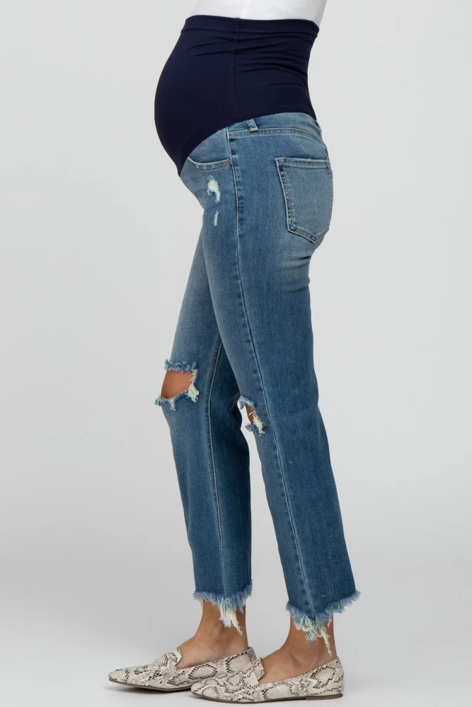 Blue Frayed Wide Leg Cropped Maternity Jeans - Image 4