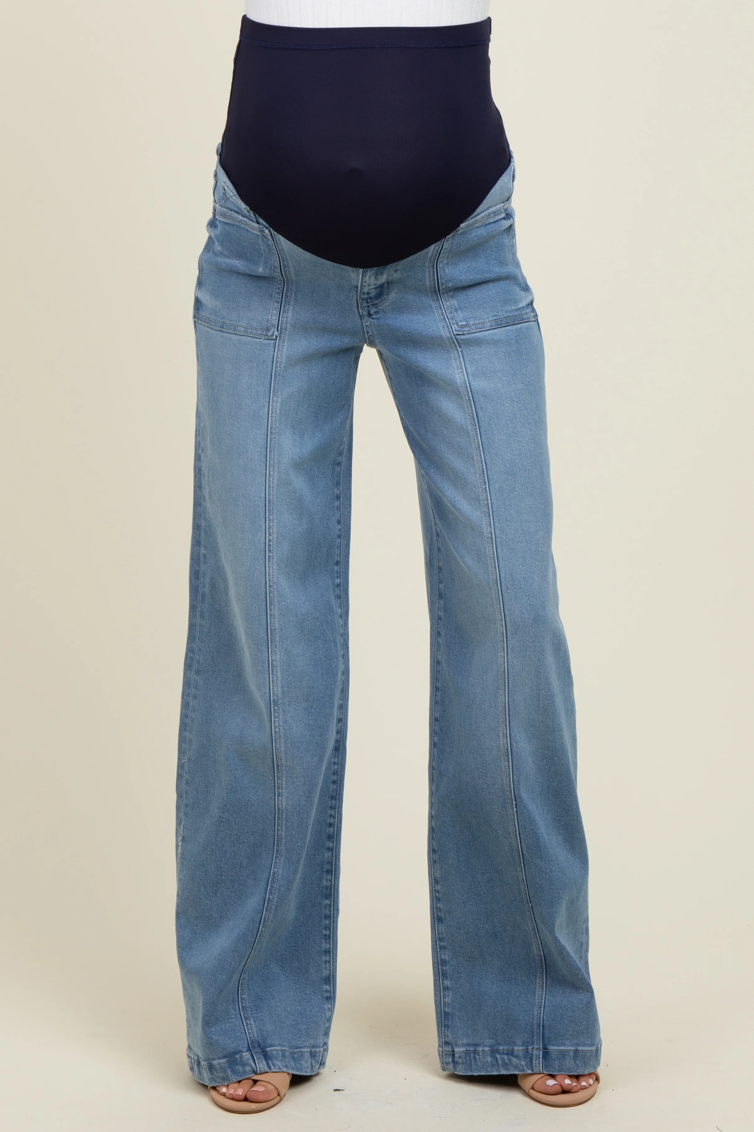 Blue Front Seam Super Wide Leg Maternity Jeans - Image 3