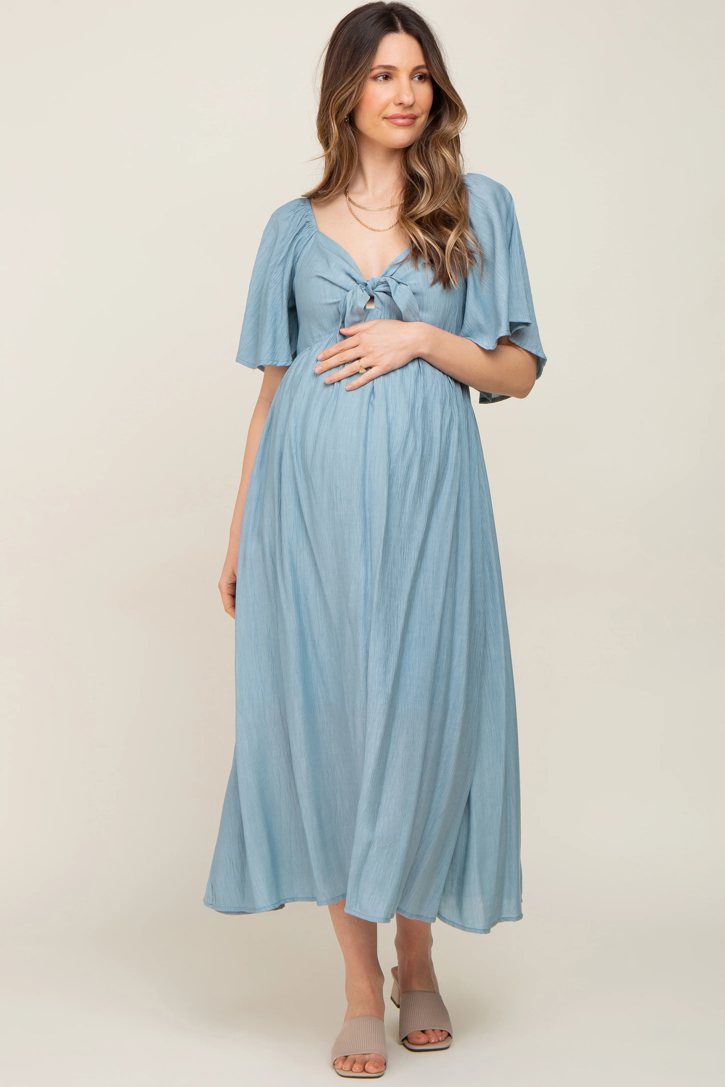Blue Front Tie Ruffle Sleeve Maternity Midi Dress - Image 4