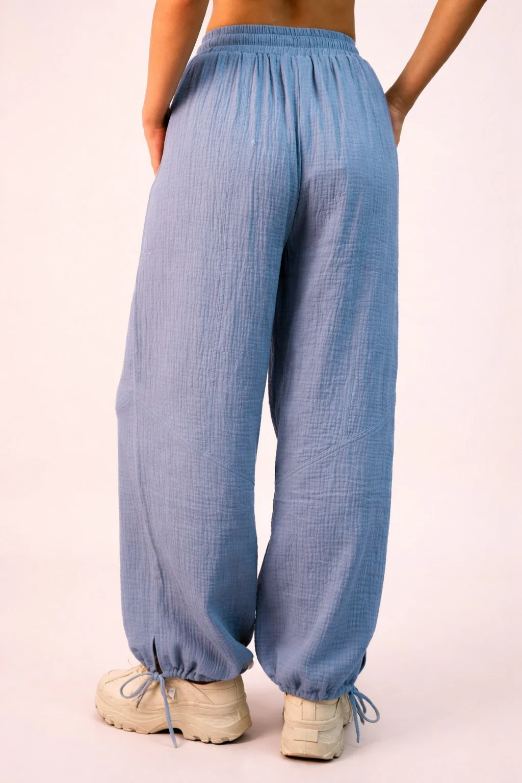 Blue Gauze Cinched Hem Pants - Image 3