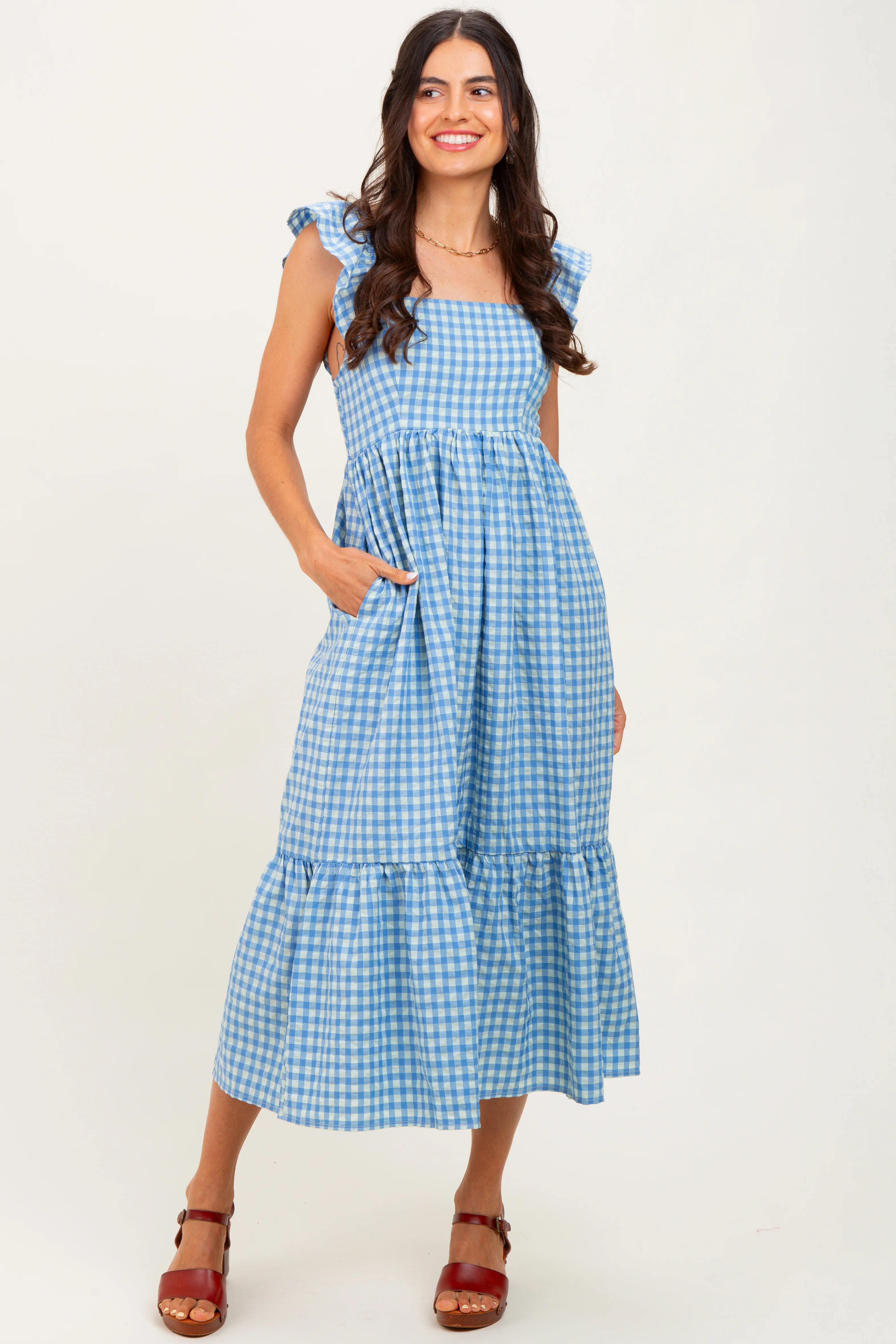 Blue Gingham Ruffle Strap Maternity Midi Dress - Image 4