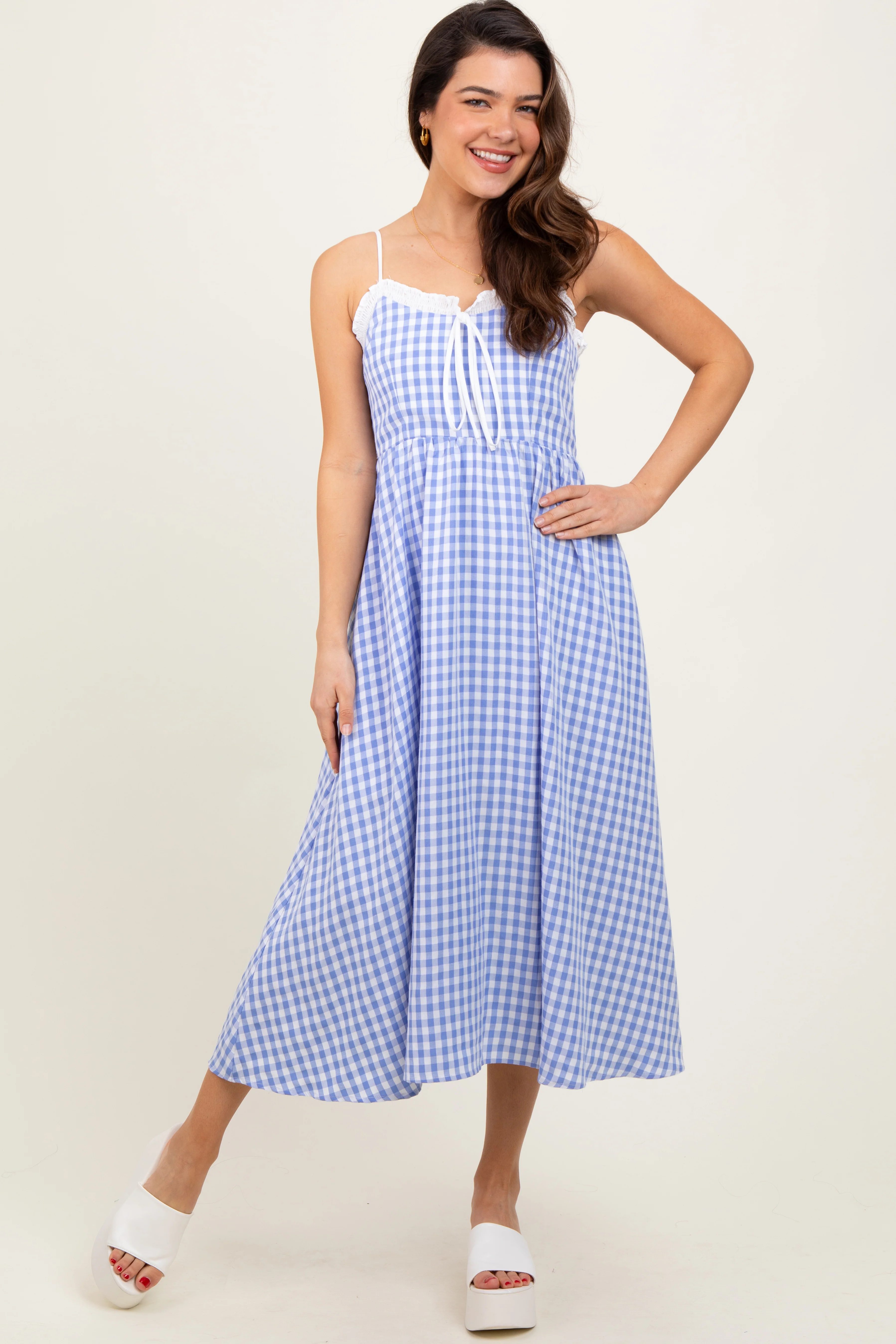 Blue Gingham Smocked Trim Maternity Midi Dress - Image 5